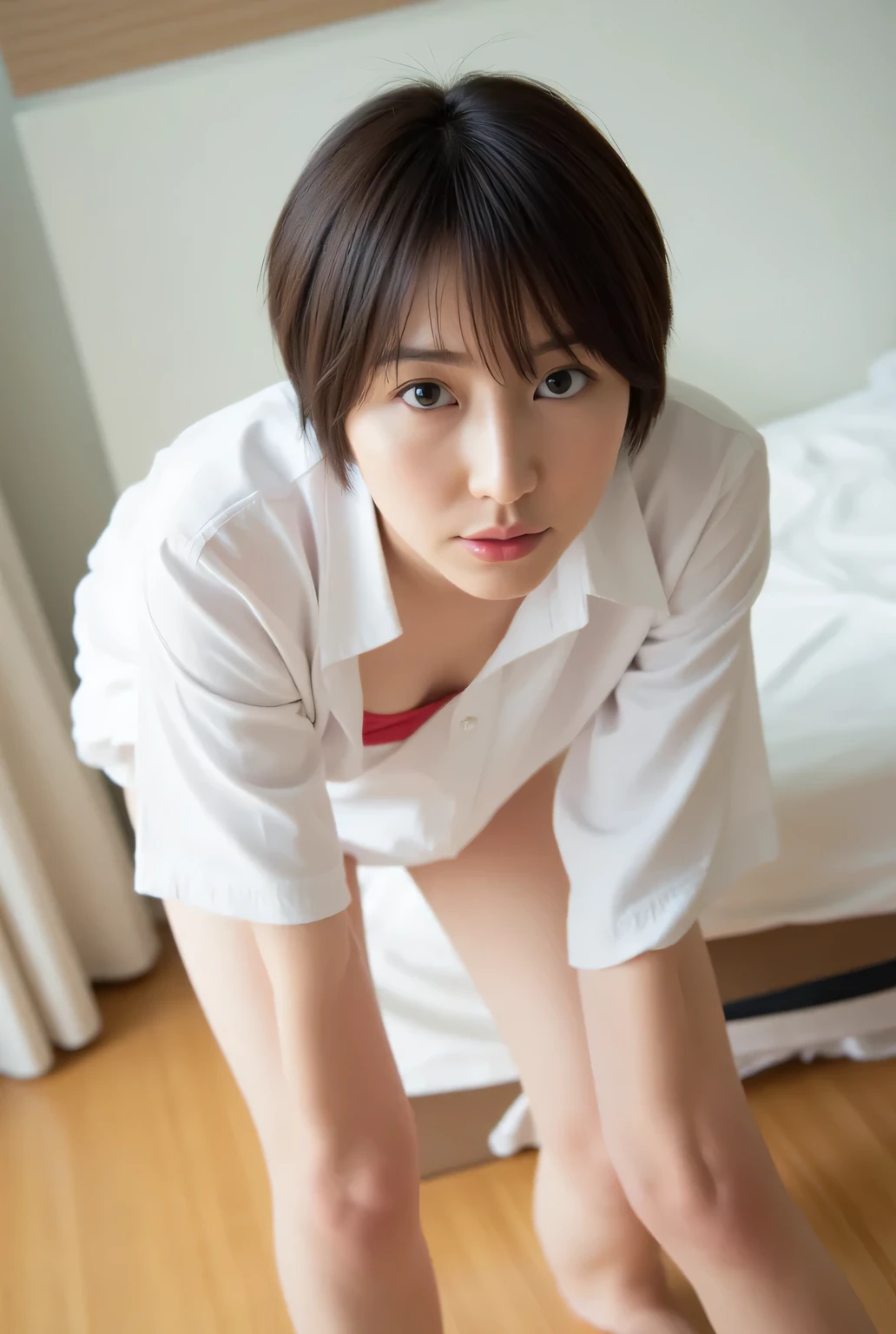 ((( low angle shot 、 biologically accurate images、 staring at the camera :1.22, lean forward , loose open shirt 、 underwear))), Japanese Woman 1, hotel room、 Indirect Lighting、 nudes, completely naked,