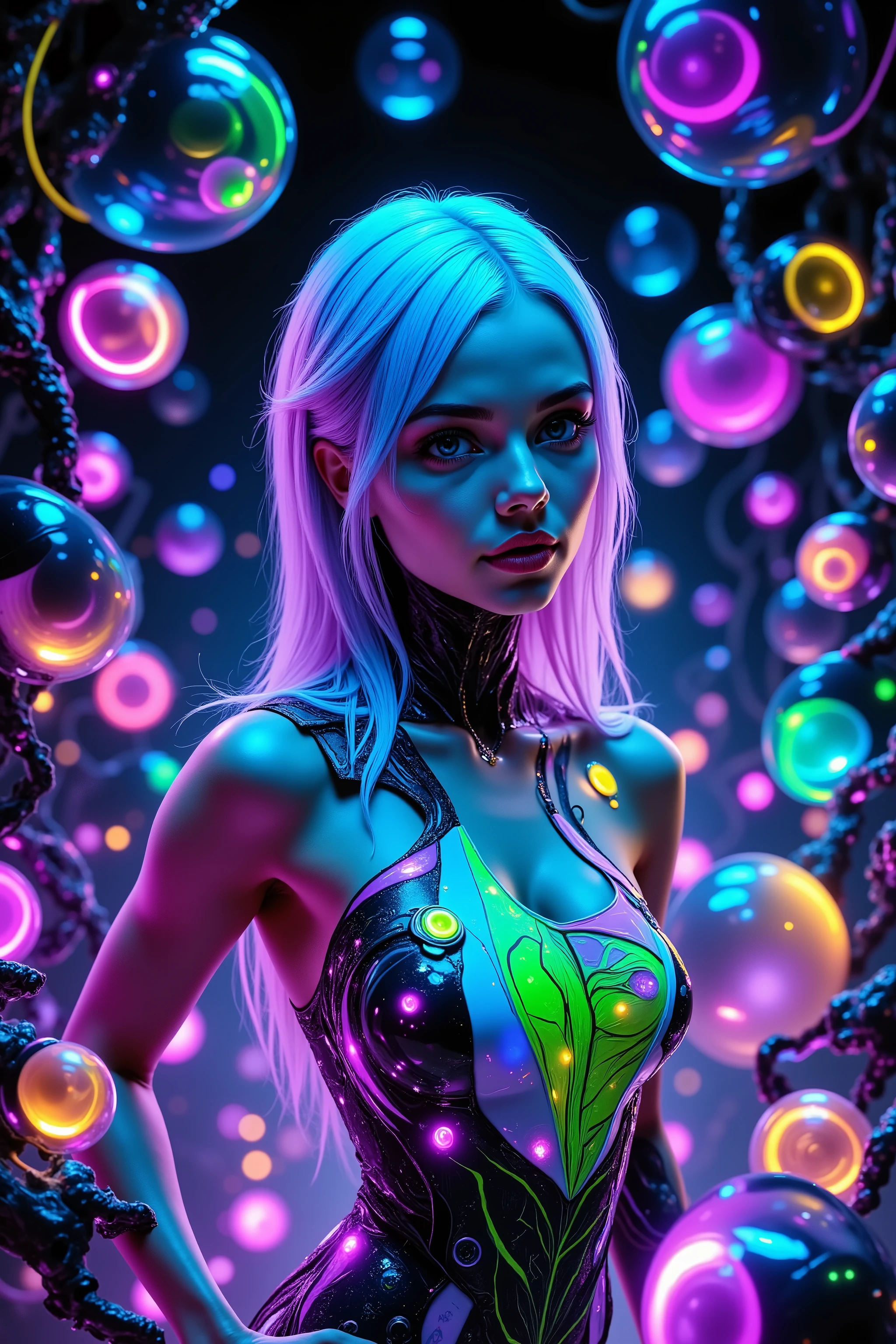 Ultraviolet bright glow and shine reflects off of all objects in this image. Fabricated Blonde young woman, very attractive, her dress is glowing within, in super bright ultraviolet light. Around her the spheres and orbs reflect vibrant colors shimmering, glass morphing from colors. Blonde poses in neon, pastel ultraviolet mud, marbled with bright multicolored paste and gel in intricate patterns that twist in and out of objects while dripping into each other, perfectly formed symmetrical spheres and glowing reflective bubbles, extreme attention to detail on the bubbles and spheres, rainbows of color twist out of translucent orbs, spilled paint and colored mud with swirling color, all black background, beautiful psychedelic digital art, pixel art, neon colors, 4d mandelbulb psychedelics, glass-like psychedelic landscape, intricate rainbow coloured environment, psychedelic underwater brightness, trails of color and light, bright fluorescent colors, psychedelic vibrant colors, bright psychedelic neon colors, colorful paint drips out of the bubbles, 3D glass spheres melting into each other spilling out colors, visually disorienting, hallucination inducing, optical illusions, startling, stunning images, awe-inspiringly, best quality cyborg girl, portrait photography, surrealism, photorealistic, hyper detailed, glass morphism, digital art, sparkle, optical illusion, glowing light, reflection light, overexposure, god rays backlighting, depth of field, rotational symmetry, UHD, high details, high quality, super detailed, best quality, award winning, Masterpiece. Spheres reflecting light everywhere and it brings out images and optical illusions for the viewer's disorienting experience of looking at it. Super bright neon flux Colors.** incorporate bright neon green, neon blue, neon purple, neon yellow, &blood red**Extreme glow and shine reflect off