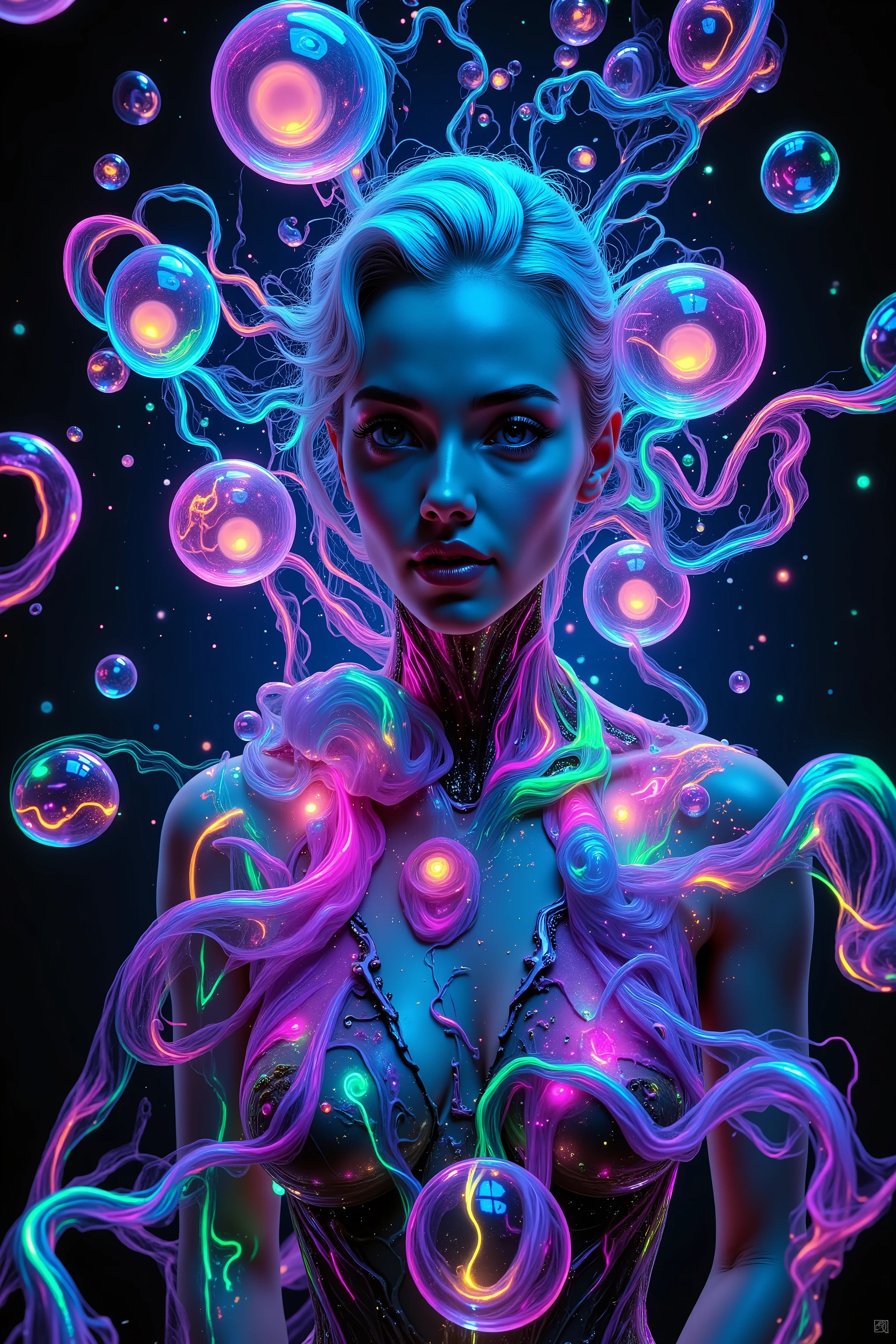 Ultraviolet bright glow and shine reflects off of all objects in this image. Fabricated Blonde young woman, very attractive, her dress is glowing within, in super bright ultraviolet light. Around her the spheres and orbs reflect vibrant colors shimmering, glass morphing from colors. Blonde poses in neon, pastel ultraviolet mud, marbled with bright multicolored paste and gel in intricate patterns that twist in and out of objects while dripping into each other, perfectly formed symmetrical spheres and glowing reflective bubbles, extreme attention to detail on the bubbles and spheres, rainbows of color twist out of translucent orbs, spilled paint and colored mud with swirling color, all black background, beautiful psychedelic digital art, pixel art, neon colors, 4d mandelbulb psychedelics, glass-like psychedelic landscape, intricate rainbow coloured environment, psychedelic underwater brightness, trails of color and light, bright fluorescent colors, psychedelic vibrant colors, bright psychedelic neon colors, colorful paint drips out of the bubbles, 3D glass spheres melting into each other spilling out colors, visually disorienting, hallucination inducing, optical illusions, startling, stunning images, awe-inspiringly, best quality cyborg girl, portrait photography, surrealism, photorealistic, hyper detailed, glass morphism, digital art, sparkle, optical illusion, glowing light, reflection light, overexposure, god rays backlighting, depth of field, rotational symmetry, UHD, high details, high quality, super detailed, best quality, award winning, Masterpiece. Spheres reflecting light everywhere and it brings out images and optical illusions for the viewer's disorienting experience of looking at it. Super bright neon flux Colors.** incorporate bright neon green, neon blue, neon purple, neon yellow, &blood red**Extreme glow and shine reflect off