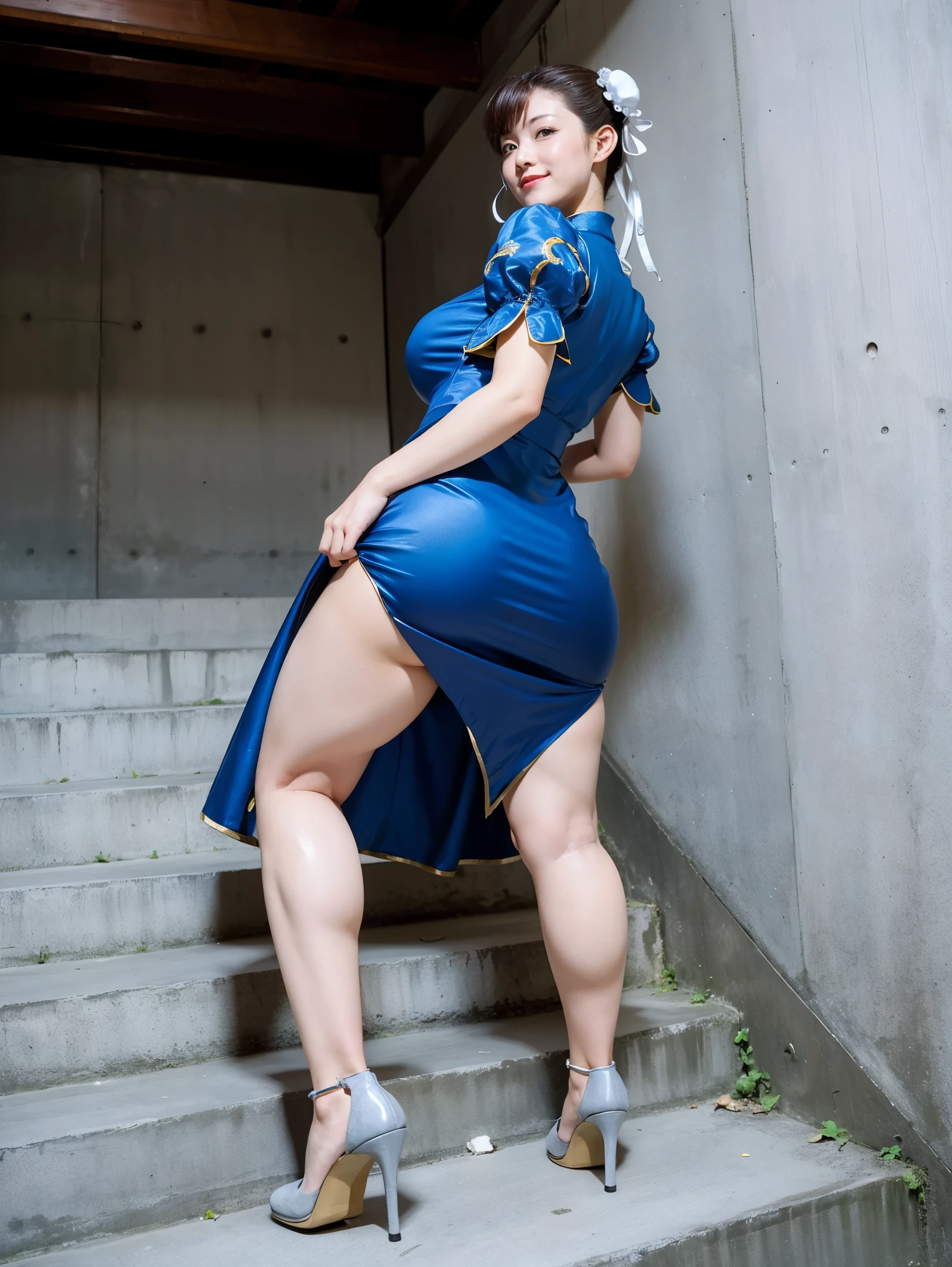 TOP QUALITY、8k、 masterpiece、 by Nomi, sharp concentration, high resolution, high resolution, one girl, alone, Japanese, beautiful women,((climbing concrete stairs)), rear view、 miniskirt dress 、 high heels、 Attractive Body, full body shot, looked back 、smile, angle from below 、Chunli:1.5、Chunli、 Street Fighter、 thighs