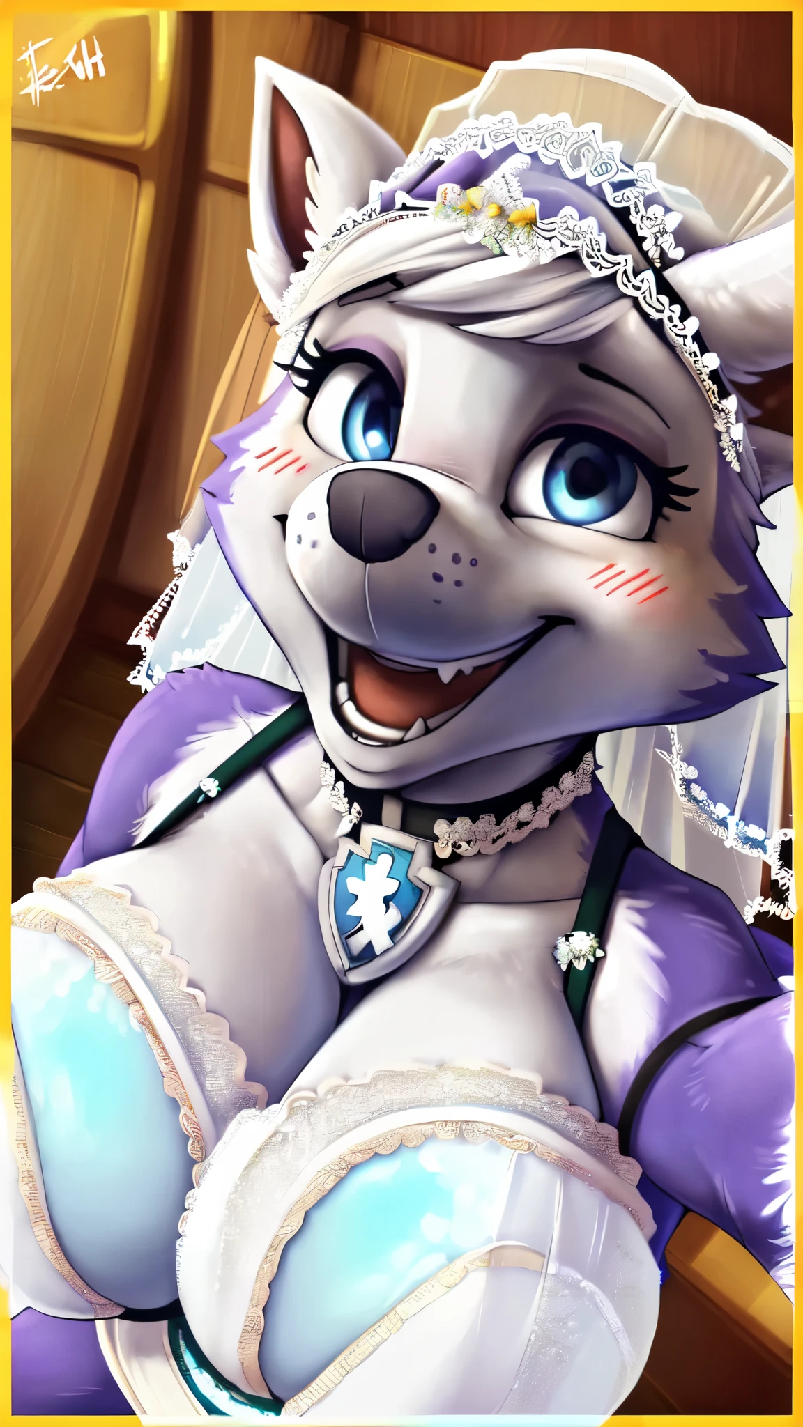 score_9, score_8_up, score_7_up, score_6_up, score_5_up, zPDXL2, (Everest:1.25), (Everest from Paw Patrol:1.45), (wearing wedding dress:1.95), ((paw patrol)), ((purple fur)), ((Husky ears)), purple fur, 1girl, furry, big breasts, eyeliner, massive breasts, blush, solo focus, solo female, hyper breasts, round breasts, huge butt, bubble butt, blush, female, ((large breast)), ((huge breast)), ((hyper breast)), (hyper breast:1.45), presenting breasts, close up to breasts, ((large fangs)), blue eyes, (blue eyes:1.25), (Shiny eyes:1.6), ((Pixar eyes)), perfect eyes, ((glowing eyes)), (glowing eyes:1.25), (hyper realistic:1.45), long fluffy tail, very large tail, tail up, very furry and fluffy, ((very large fangs)), perfect ligthing, ((many hearts all over the screen)), (church background), (lower angle:1.95), (front view:1.95), ((seductive break)), (mischievous smile:1.95), (open maw:1.95), (rajii:1.25), (dimwitdog:1.35), (thesecretcave:1.25), cooliehigh, miles-df, complextree, (pixelsketcher:1.35), (foxovh:1.25), (zaush:1.35), (avante92:1.35), (meesh:1.35), inu-sama, (cervina:1.35), (F-R95:1.25), (R-mk:1.35), xpray, (fluffkevlar:1.35), tanidareal, truegrave, vader-san, (nuzzo:1.35), midnight_lycanroc,suurin,Furry Mix PDXL,source_furry,3d,anthro,(Furry_Fusion:1.0), (close up to breast), (3D render:1.25), (gaping maw:1.55), (open mouth:1.55), tiny tongue, ((tiny tongue))