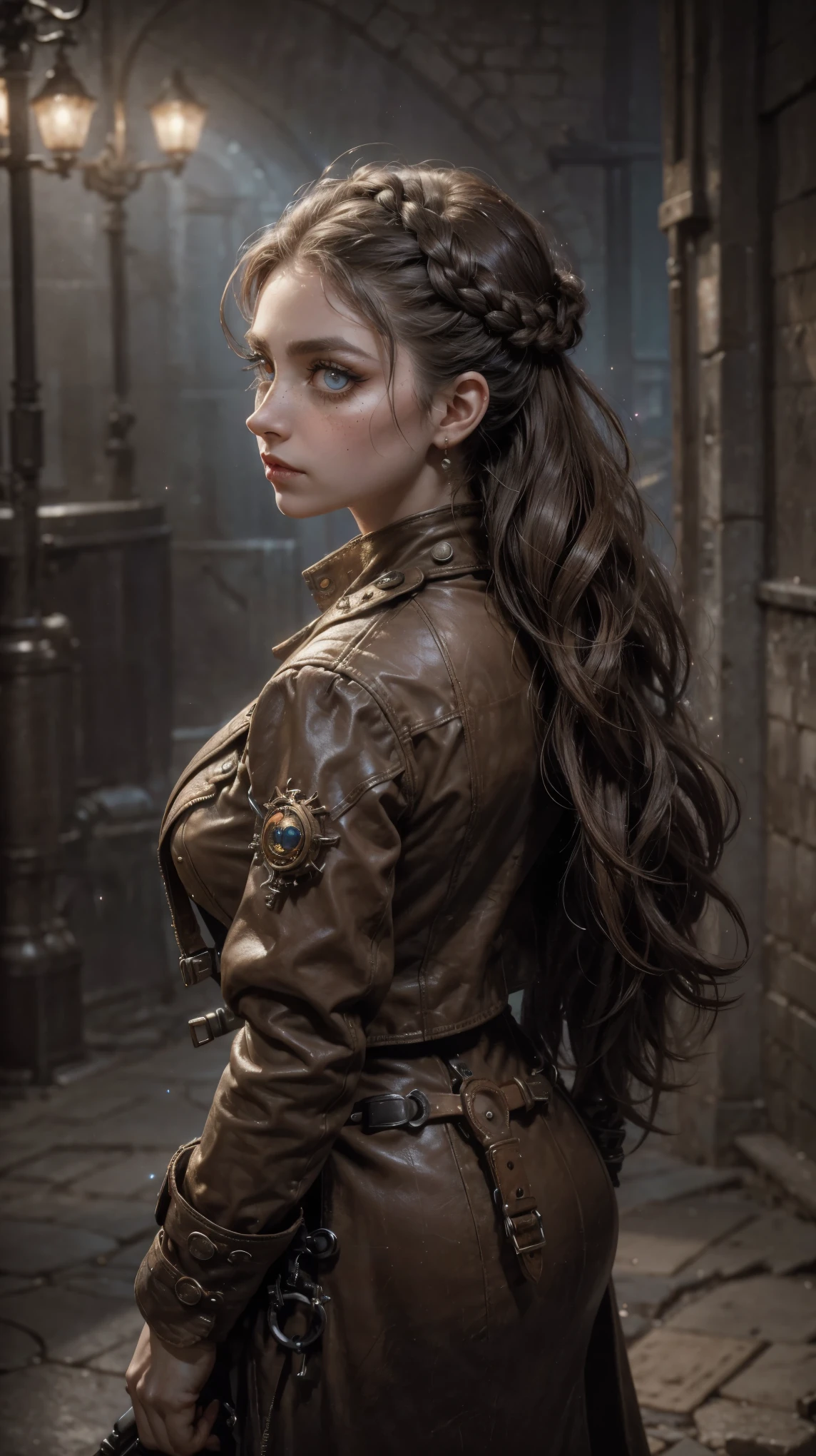 From above, Forced perspective, VERY CLOSE, Portrait from behind, raw,  Young Girl,  pale skin, steampunk thief, with brown hair with white highlights, long braided hair, Vintage hairstyle,  big eyes cristalinos, bright yellow eyes, delineado de ojos make-up, ella está vestida de steampunk thief, shooting her magnum gun, has brown leather clothing, round steampunk lenses, Steampunk neighborhood,  pose backwards, brown leather trench coat, white linen shirt with neckline, hyperrealistic skin texture, (make-up: 1.2), ( big eyes: 1.5), (pechos grandes: 1.2), culo grande, (Constriction: 1.2), dynamic pose, Sexy thief, curved body,  thin, (top quality, masterpiece,  absurd: 1.3), bioshock style steampunk, neon lights, Reflected light, high illumination, ( light particles: 1.3),  ultra detailed, blurred background
