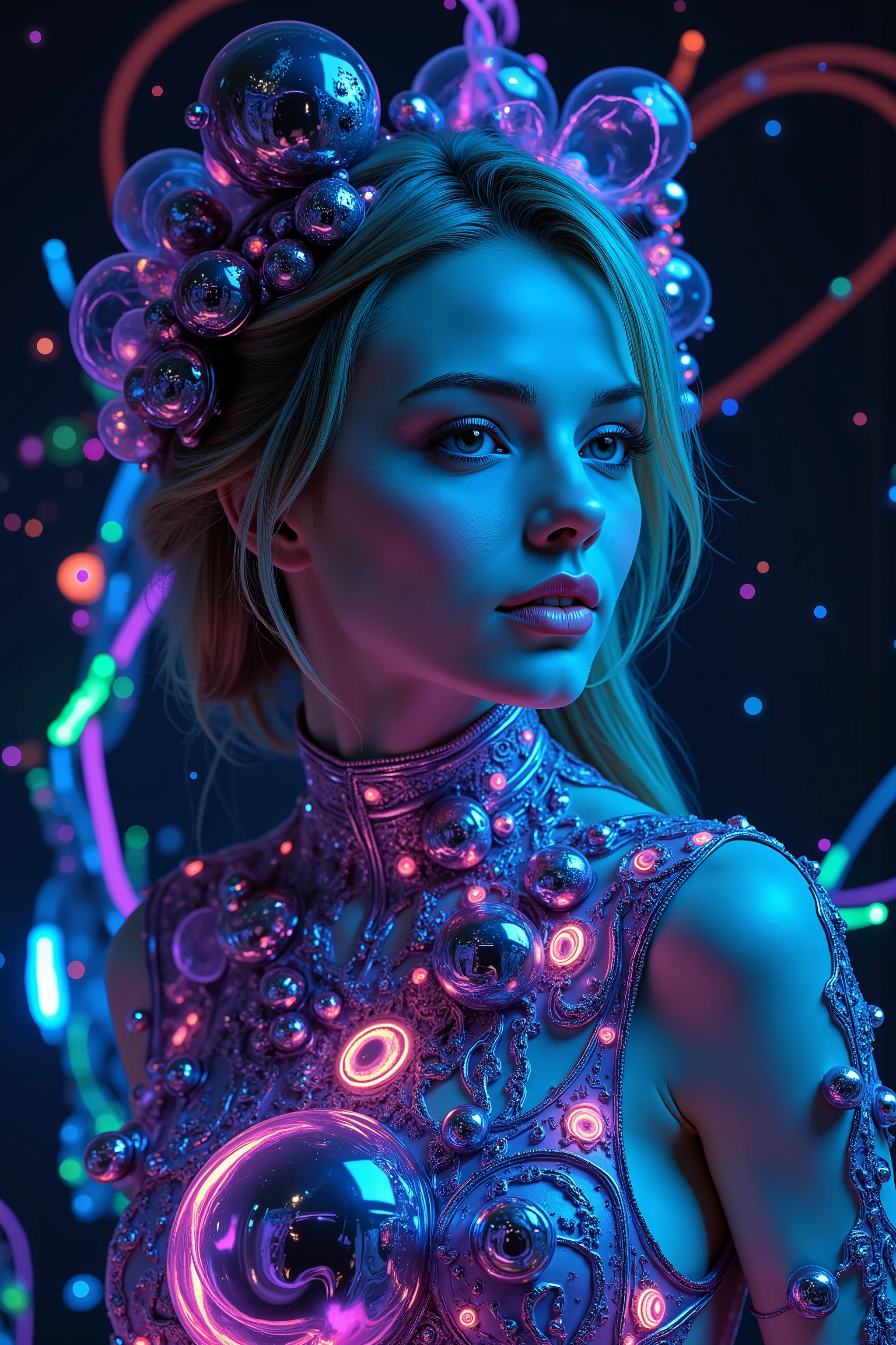 Ultra realistic, extremely bright ultraviolet glow and shine off of the highly reflective dress worn by a tall gorgeous looking woman. Blonde young woman, very attractive, her dress is glowing with ultraviolet light. Many mirrors reflect vibrant colors shimmering, glass morphing, perfectly formed symmetrical spheres and glowing reflective bubbles, extreme attention to detail on the bubbles and spheres, translucent orbs, black, glossy background, beautiful neon colors, 4d mandelbulb psychedelics, glass-like reflective landscape, intricate, psychedelic underwater brightness, trails of color and light, bright fluorescent colors,vibrant colors, bright psychedelic neon color drips out of the bubbles, 3D glass spheres melting into each other spilling colors, visual, startling, stunning images, awe-inspiringly, best quality wallpaper, pixel assets, portrait photography,photorealistic, hyper detailed, glass morphism, sparkle, glowing light, reflection light, god rays, backlighting, rotational symmetry, UHD, high details, high quality, super detailed, best quality, award winning, Masterpiece. Spheres reflecting light everywhere. Super bright neon Colors.** incorporate bright neon green, neon blue, neon purple, neon yellow, & blood red. Extreme glow and shine.