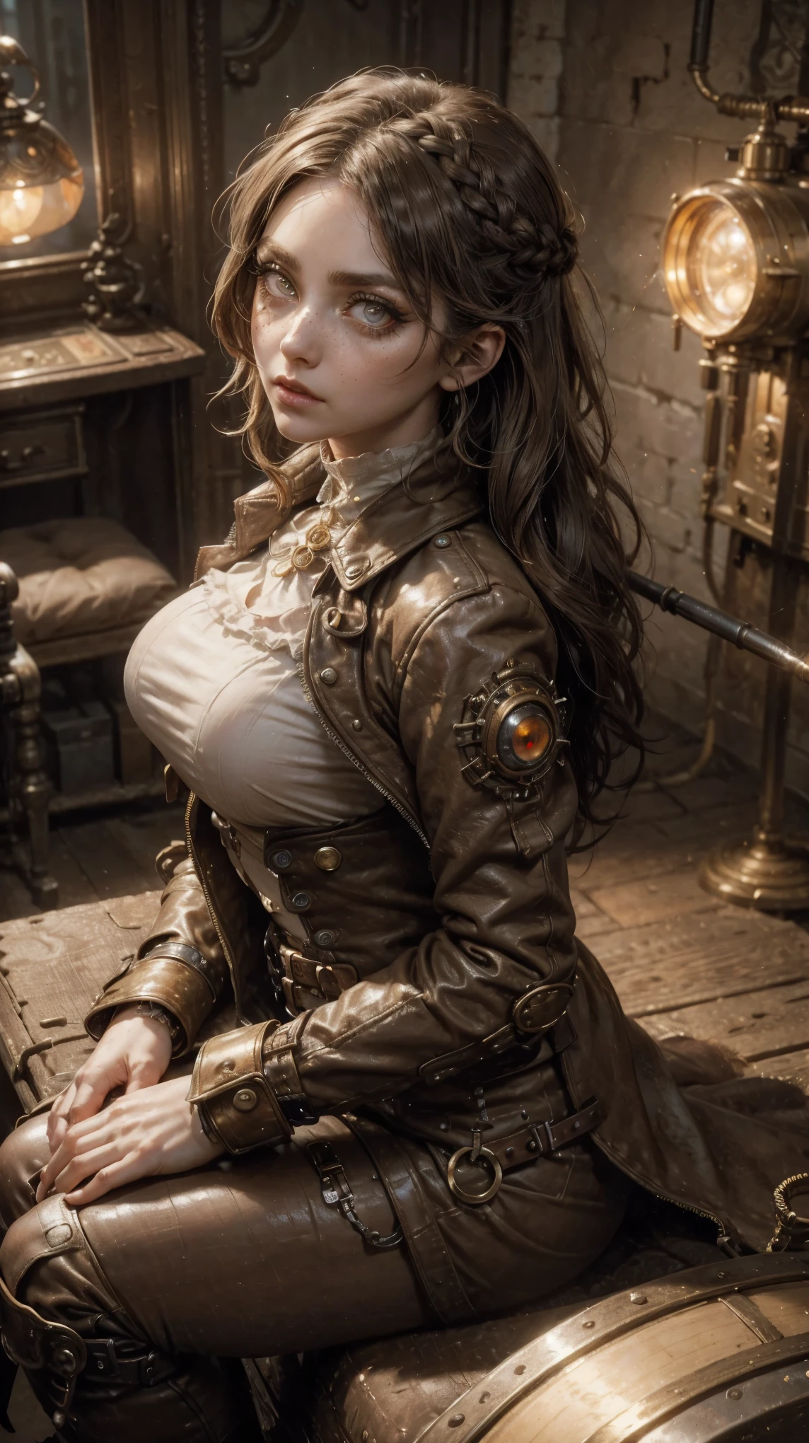 From above, Forced perspective, VERY CLOSE, pose backwards, raw, Young Girl, pale skin, steampunk thief, with brown hair with white highlights, long braided hair, Vintage hairstyle, big eyes cristalinos, bright yellow eyes, delineado de ojos make-up, ella está vestida de steampunk thief, shooting her magnum gun, has brown leather clothing, round steampunk lenses, Steampunk neighborhood, sitting, brown leather trench coat, white linen shirt with neckline, hyperrealistic skin texture, (make-up: 1.2), ( big eyes: 1.5), (pechos grandes: 1.2), culo grande, (Constriction: 1.2), dynamic pose, Sexy thief, curved body, thin, (top quality, masterpiece, absurd: 1.3), bioshock style steampunk, neon lights, Reflected light, high illumination, ( light particles: 1.3), ultra detailed, blurred background
