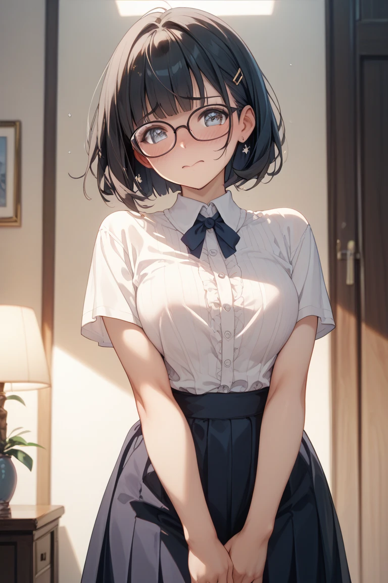 A school girl wearing glasses ,dance , show off nipples under white shirt, pleated mini skirt, bob hair, show panties, plump body