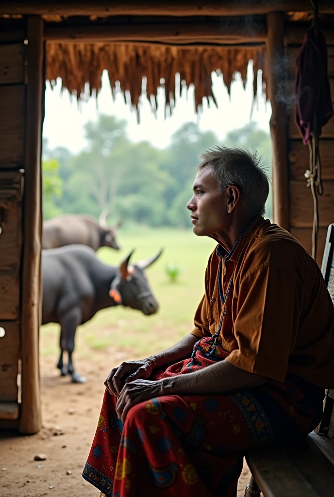 a 30 year old Indonesian man, buzz cut hair bald, in the form of a giant eating beef, around him there is an epic view