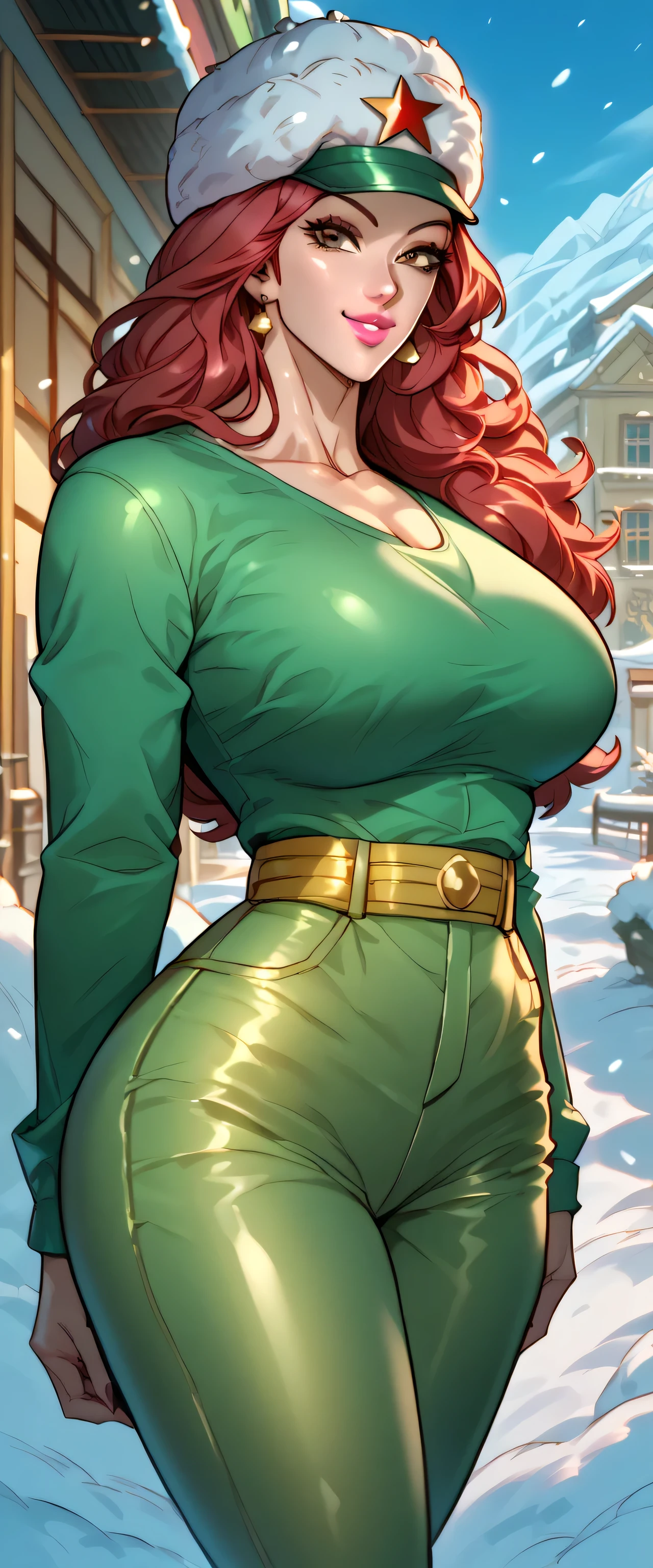 Realistic depiction of Jennifer Connelly as She-Hulk, (((Wearing purple jumpsuit))), (sexly), (((greenskin, skin detailed, cara verde, green hair, very muscly, big muscular body, Body verde, olhos verdes esmeralda))), face perfect, perfects eyes, ((pinching, camel toe)), superhero pose, whole body, highy detailed, 35mm, 8k, soft city background.