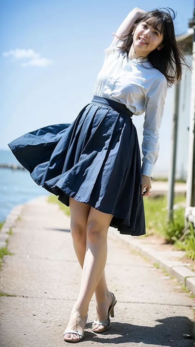 woman, 20-year-old, short black wavy hair、bangs、Plump nipples、(white turtleneck knit)、(blue long skirt), black stockings、medium milk, cute smile、((Pose that emphasizes the buttocks、looked back))、sexy hips、black high heels、big necklace、((((the wind blew my skirt, expose my panties...))))、(light blue lace panties)、cute earrings、(Please tilt your head slightly)