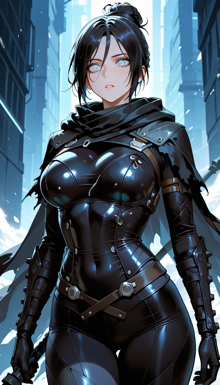 (masterpiece:1.2),(best quality:1.2),(masterpiece, best quality, ultra-high resolution), (1girl), tight black ninja outfit with samurai armor details on shoulders and forearms, mask covering the lower half of his face, jet black hair pulled back in a high ponytail, sharp, dark eyes