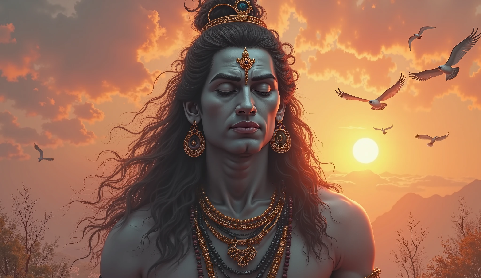 Lord shiva in a happy mood on beautiful sun shines around butterfly