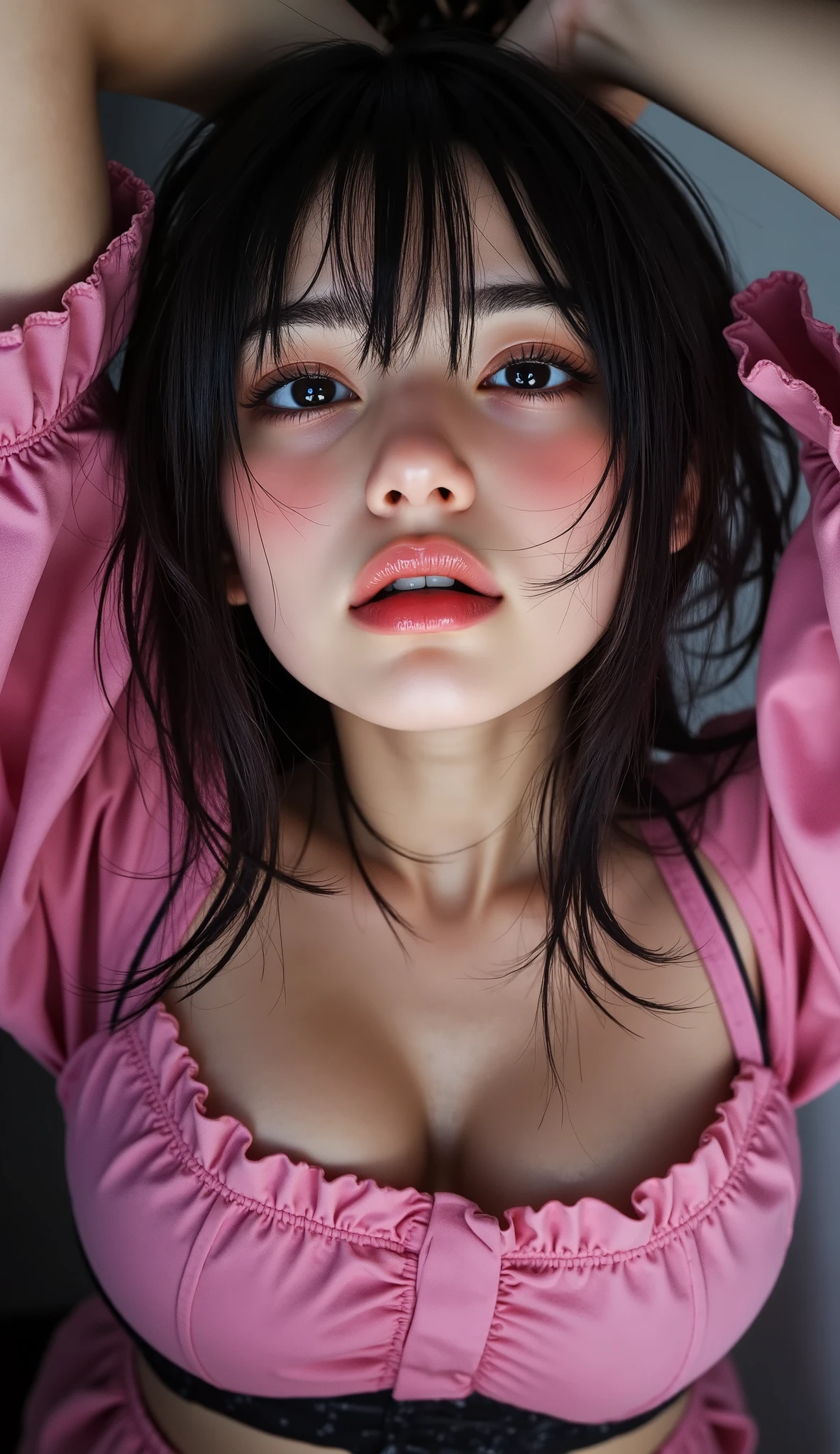 (sexy portrait, (from above, Dynamic shot), Bold and seductive poses), a beautiful woman, Alone, pink purple sweet sigh, Melancholy Weakness, Courtship Full of Desire, (Attractive costume, aggressive hot gaze, Passionate), will captivate you...