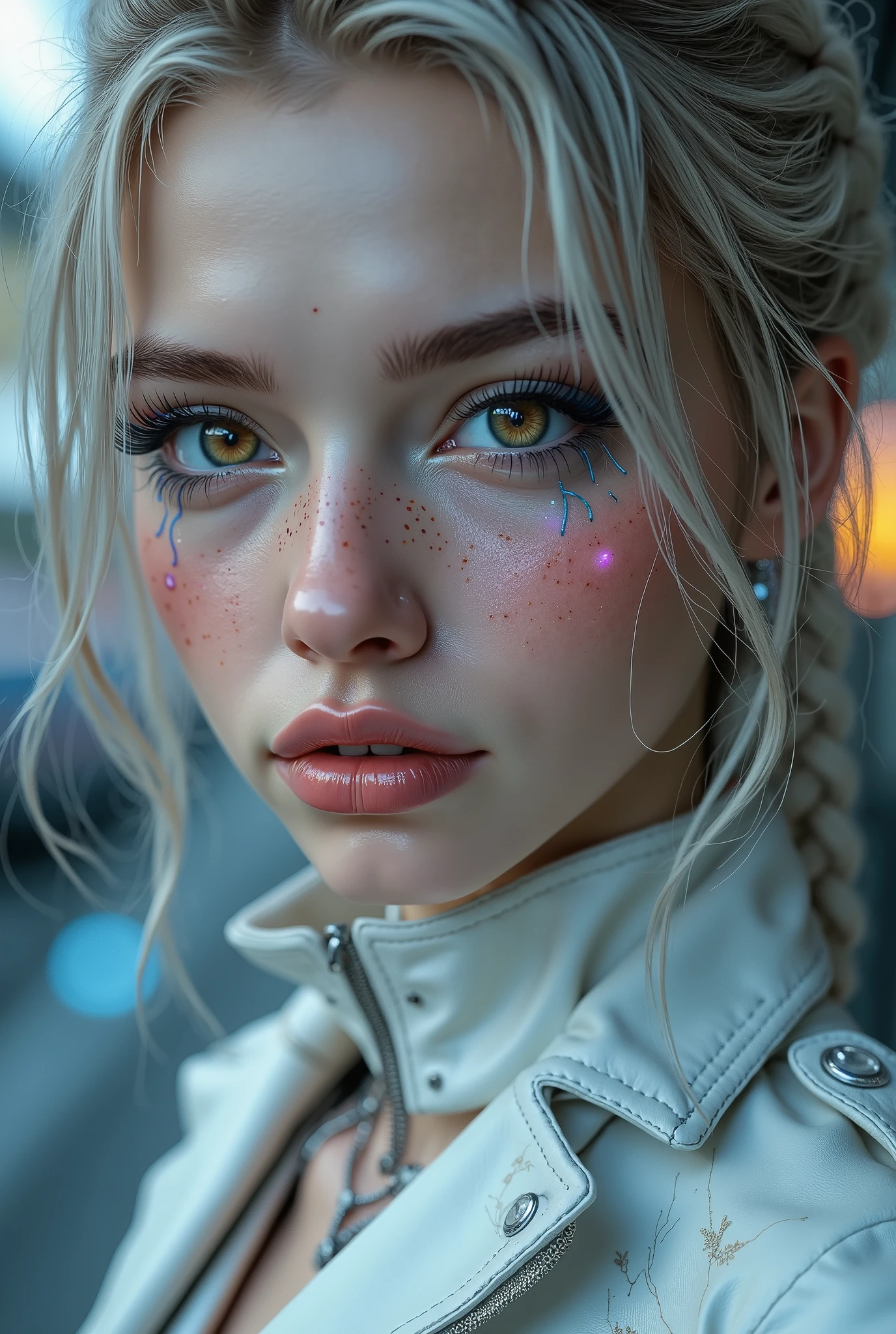  [Style: "Photorealistic, cinematic, cyberpunk"](Key Directive: "Ultra-sharp human eyes with biological accuracy"){ Character: "20-year-old Caucasian woman" | Face: - "symmetrical pale skin (subsurface scattering:1.3), full lips (vertical lip wrinkles:0.7)" - "Eyes: (acid-resistant terminology) (macro-details:1.5): Moist corneal surface (visible aqueous layer:1.0) Hyper-detailed iris stroma (((brown)) with gold flecks) Precise limbal ring (slightly darker pigmentation:1.21) Pupil micro-texture (irregular edge authenticity:1.4) * Vasculature in sclera (subtle red veins radiating from limbus)" - "Lashes: blue individual synthetic fibers (crosshatched roots:1.2, clump-free separation)" | Hair: "white braid with split-end realism (neon light diffraction patterns)" | Pose: "combat-ready stance (biomechanically plausible spinal twist)" Technical Specs: (Optics: - "Zeiss Otus85mm f/1.4 lens)" - "Shutter Speed:1/500 (freeze eye micro-movements)" - "Focus Stacking:7-point coverage on iris plane") (Post-Processing: - "Frequency separation for skin vs eye details" - "Selective sharpening: ((eyes200%, hair80%")) - "Denoise: luminance 20, color 35 (retain corneal specular)") (Avoid: "pupil distortion, uncanny valley asymmetry, plastic-like wetness") Attire: [Top: "white leather crop top (wrinkled texture, sweat sheen:0.6)"] (Post-Processing: "motion blur on swinging braid, chromatic aberration:0.5") (Render Engine: "Unreal Engine 5 path tracing, 16K texture maps") }