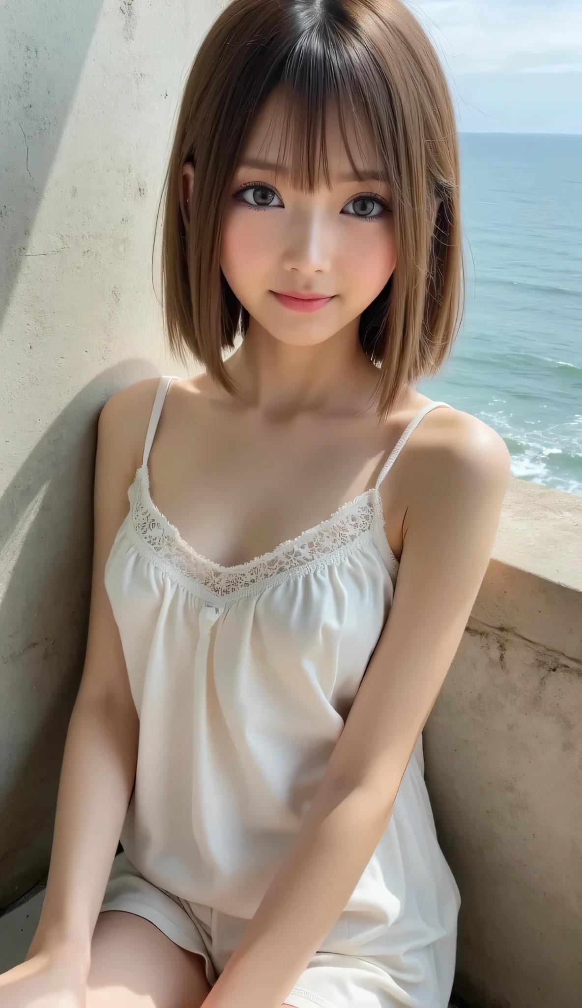 One Beautiful Girl 、( without makeup)、Knees explained (reality: 1.4), Japanese Beauty 、 camisole dresses 、 spread legs sideways 、 panties are visible 、thin、( upper body)、( surreal )、( high resolution )、(8k)、( very well detailed)、( beautiful eyes )、( very well detailed)、 big eyes、 ( )、 detailed face 、( embarrassing smile:0.9), 、 ocean view balcony 、 Professional Rights 、 The camera 、 short hair 、 brown hair on both arms、 Nogizaka idol、actress、20 years old、 small breasts、 wet skin on the wall、、 I'm sitting in a chair with a realistic skin texture 、 、Natural Shadows、 ( Clevis on the Stone :1.5),