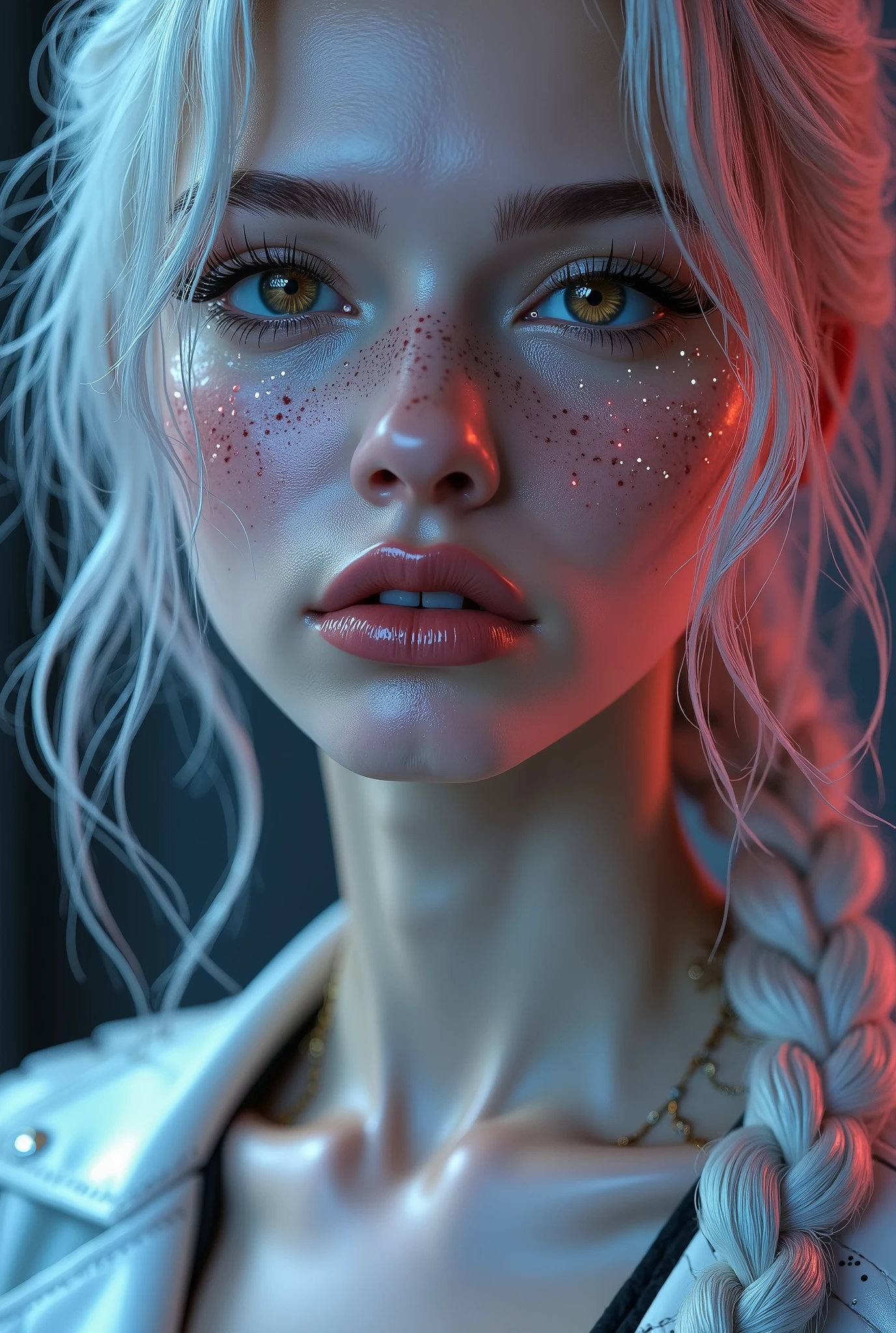 [Style: "Photorealistic, cinematic, cyberpunk"](Key Directive: "Ultra-sharp human eyes with biological accuracy"){ Character: "20-year-old Caucasian woman" | Face: - "symmetrical pale skin (subsurface scattering:1.3), full lips (vertical lip wrinkles:0.7)" - "Eyes: (acid-resistant terminology) (macro-details:1.5): Moist corneal surface (visible aqueous layer:1.0) Hyper-detailed iris stroma (((brown)) with gold flecks) Precise limbal ring (slightly darker pigmentation:1.21) Pupil micro-texture (irregular edge authenticity:1.4) * Vasculature in sclera (subtle red veins radiating from limbus)" - "Lashes: blue individual synthetic fibers (crosshatched roots:1.2, clump-free separation)" | Hair: "white braid with split-end realism (neon light diffraction patterns)" | Pose: "combat-ready stance (biomechanically plausible spinal twist)" Technical Specs: (Optics: - "Zeiss Otus85mm f/1.4 lens)" - "Shutter Speed:1/500 (freeze eye micro-movements)" - "Focus Stacking:7-point coverage on iris plane") (Post-Processing: - "Frequency separation for skin vs eye details" - "Selective sharpening: ((eyes200%, hair80%")) - "Denoise: luminance 20, color 35 (retain corneal specular)") (Avoid: "pupil distortion, uncanny valley asymmetry, plastic-like wetness") Attire: [Top: "white leather crop top (wrinkled texture, sweat sheen:0.6)"] (Post-Processing: "motion blur on swinging braid, chromatic aberration:0.5") (Render Engine: "Unreal Engine 5 path tracing, 16K texture maps") }