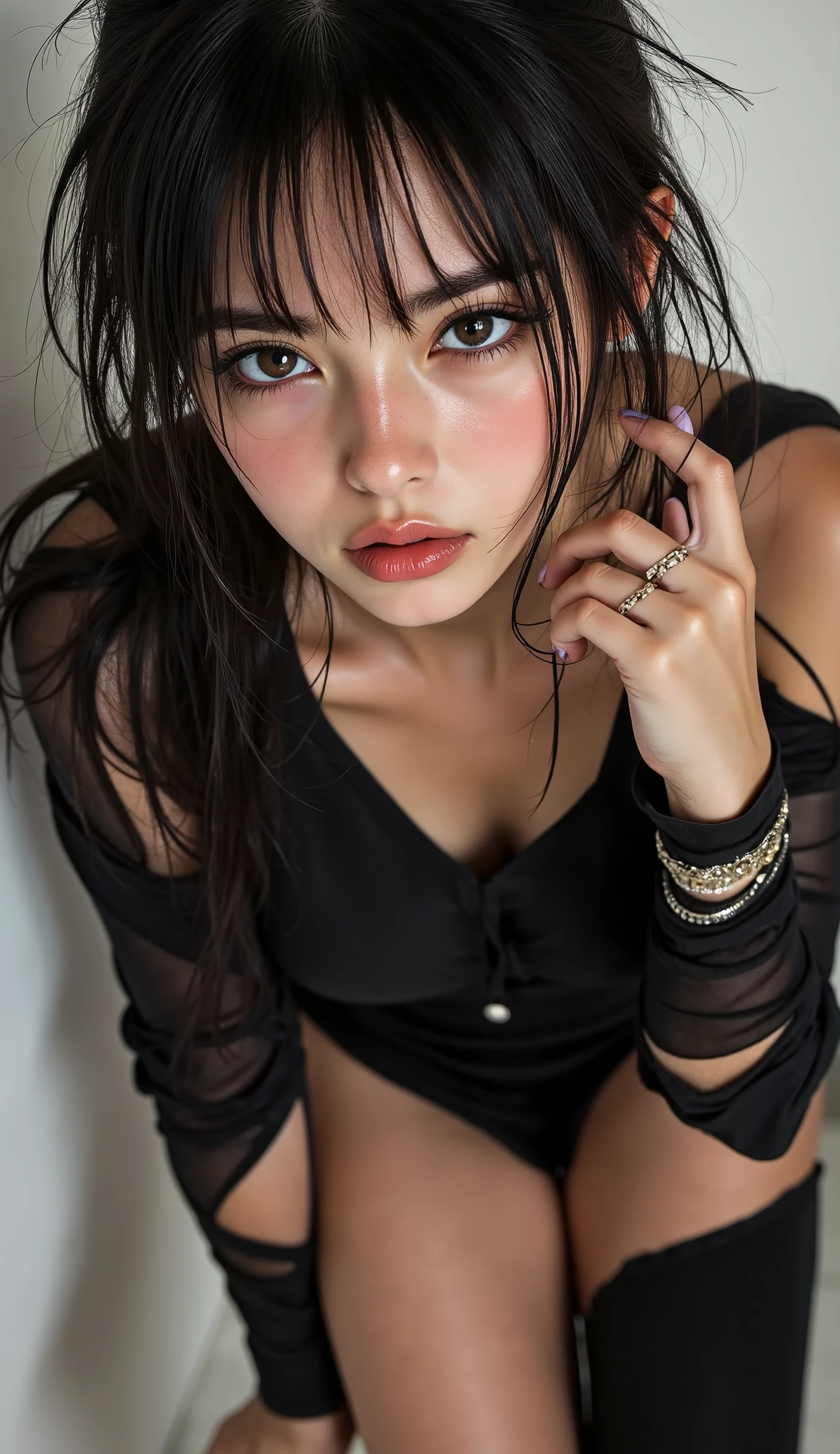 (sexy portrait, (from above, Dynamic shot), Bold and seductive poses), a beautiful woman, Alone, colorful sweet sigh, Melancholy Weakness, Courtship Full of Desire, (Attractive costume, aggressive hot gaze, Passionate), will captivate you...
