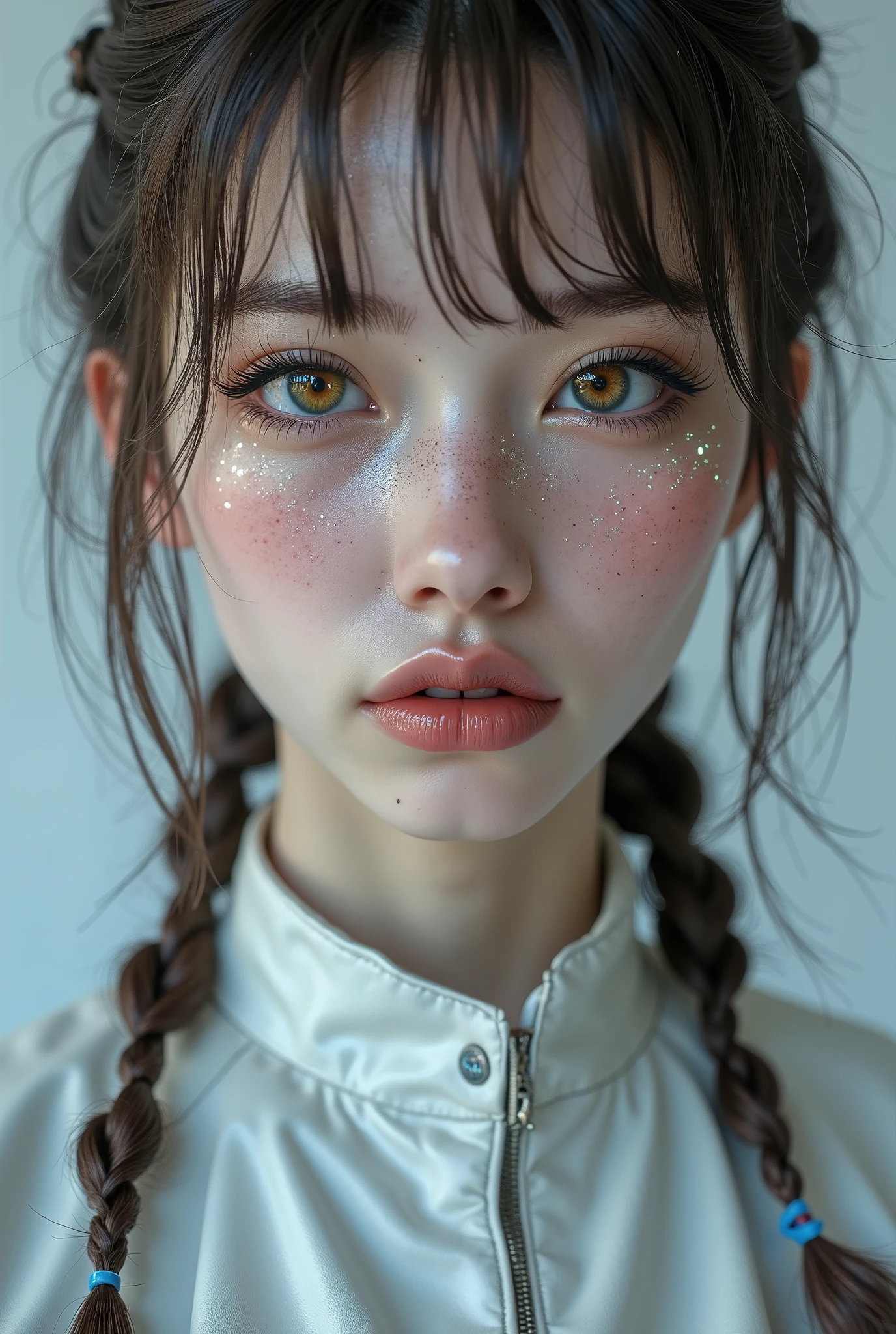  [Style: "Photorealistic, cinematic, cyberpunk"](Key Directive: "Ultra-sharp human eyes with biological accuracy"){ Character: "20-year-old Caucasian woman" | Face: - "symmetrical pale skin (subsurface scattering:1.3), full lips (vertical lip wrinkles:0.7)" - "Eyes: (acid-resistant terminology) (macro-details:1.5): Moist corneal surface (visible aqueous layer:1.0) Hyper-detailed iris stroma (((brown)) with gold flecks) Precise limbal ring (slightly darker pigmentation:1.21) Pupil micro-texture (irregular edge authenticity:1.4) * Vasculature in sclera (subtle red veins radiating from limbus)" - "Lashes: blue individual synthetic fibers (crosshatched roots:1.2, clump-free separation)" | Hair: "white braid with split-end realism (neon light diffraction patterns)" | Pose: "combat-ready stance (biomechanically plausible spinal twist)" Technical Specs: (Optics: - "Zeiss Otus85mm f/1.4 lens)" - "Shutter Speed:1/500 (freeze eye micro-movements)" - "Focus Stacking:7-point coverage on iris plane") (Post-Processing: - "Frequency separation for skin vs eye details" - "Selective sharpening: ((eyes200%, hair80%")) - "Denoise: luminance 20, color 35 (retain corneal specular)") (Avoid: "pupil distortion, uncanny valley asymmetry, plastic-like wetness") Attire: [Top: "white leather crop top (wrinkled texture, sweat sheen:0.6)"] (Post-Processing: "motion blur on swinging braid, chromatic aberration:0.5") (Render Engine: "Unreal Engine 5 path tracing, 16K texture maps") }
