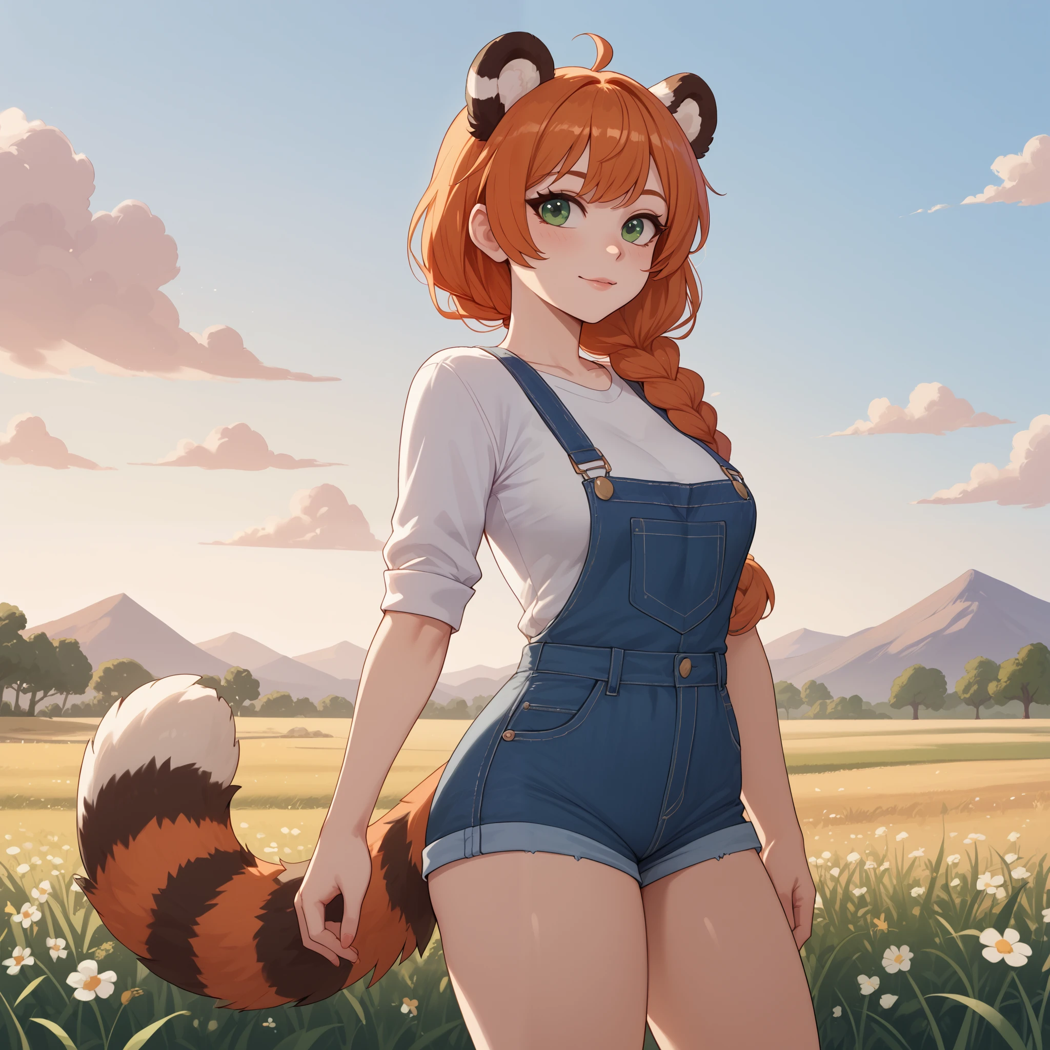 (Masterpiece) (High Detail) (High Res) A short curvy slim Humanoid red_panda Female with tanned human skin and bright green eyes and long braided orange hair and fluffy orange red_panda ears and a long fluffy red_panda tail and medium breasts. She is wearing denim overalls and she is stood in a field on a sunny day. Farm landscape.