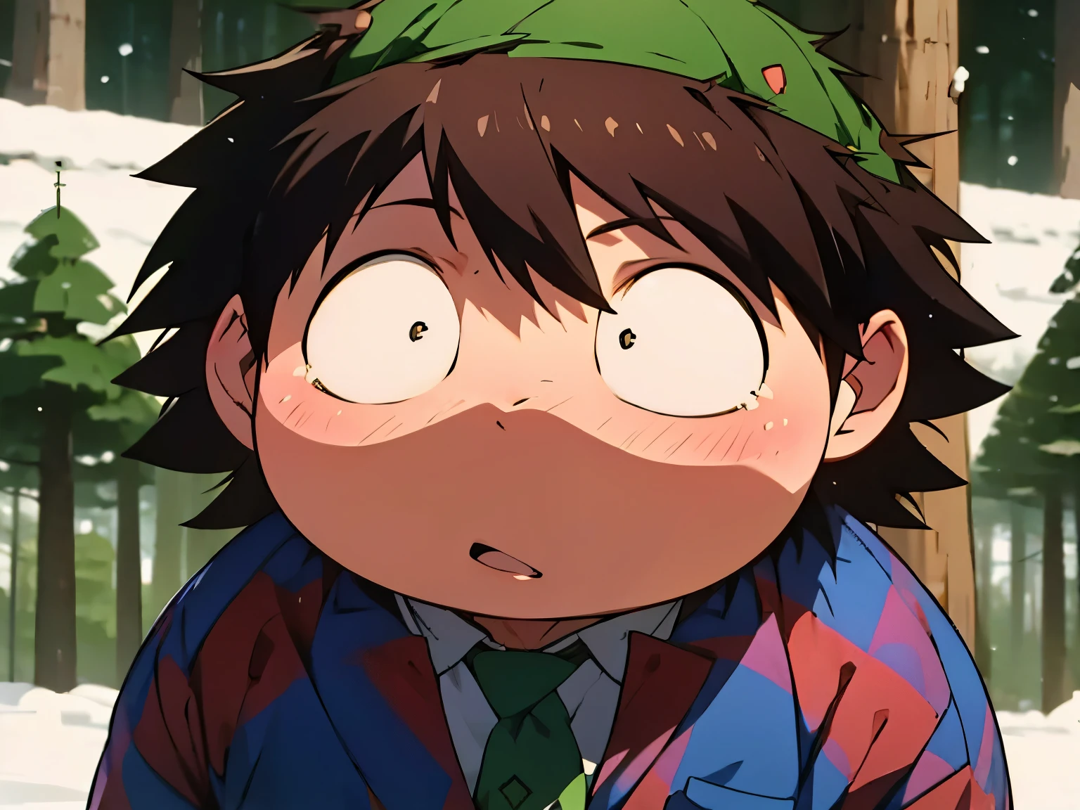 an image of Haruyuki Arita, high, gordo, Like an Akimichi (Clan), anime style, Forest snow, brown hair, black eyes, fun, ((Lumberjack Yukata))