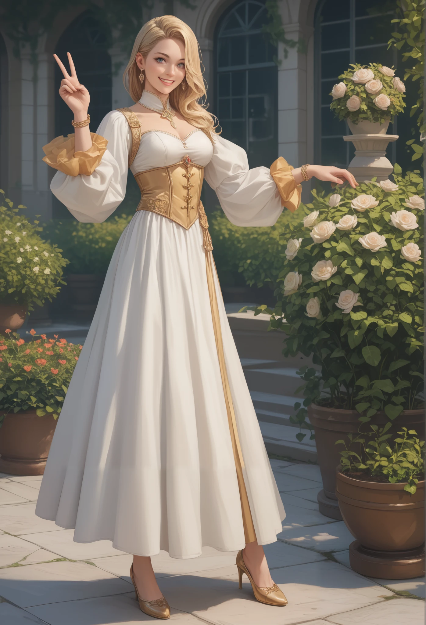 (masterpiece), (best quality), (highest quality), (highres), (absurdres), (extremely detailed), perfect face, (masterpiece), best quality, perfect face, perfect body, anime, 1girl, solo, masterpiece, best quality, detailed, full body image, young blonde woman, smiling at the camera, everyday clothes, earrings, making a v sign with her fingers, full body image, garden background