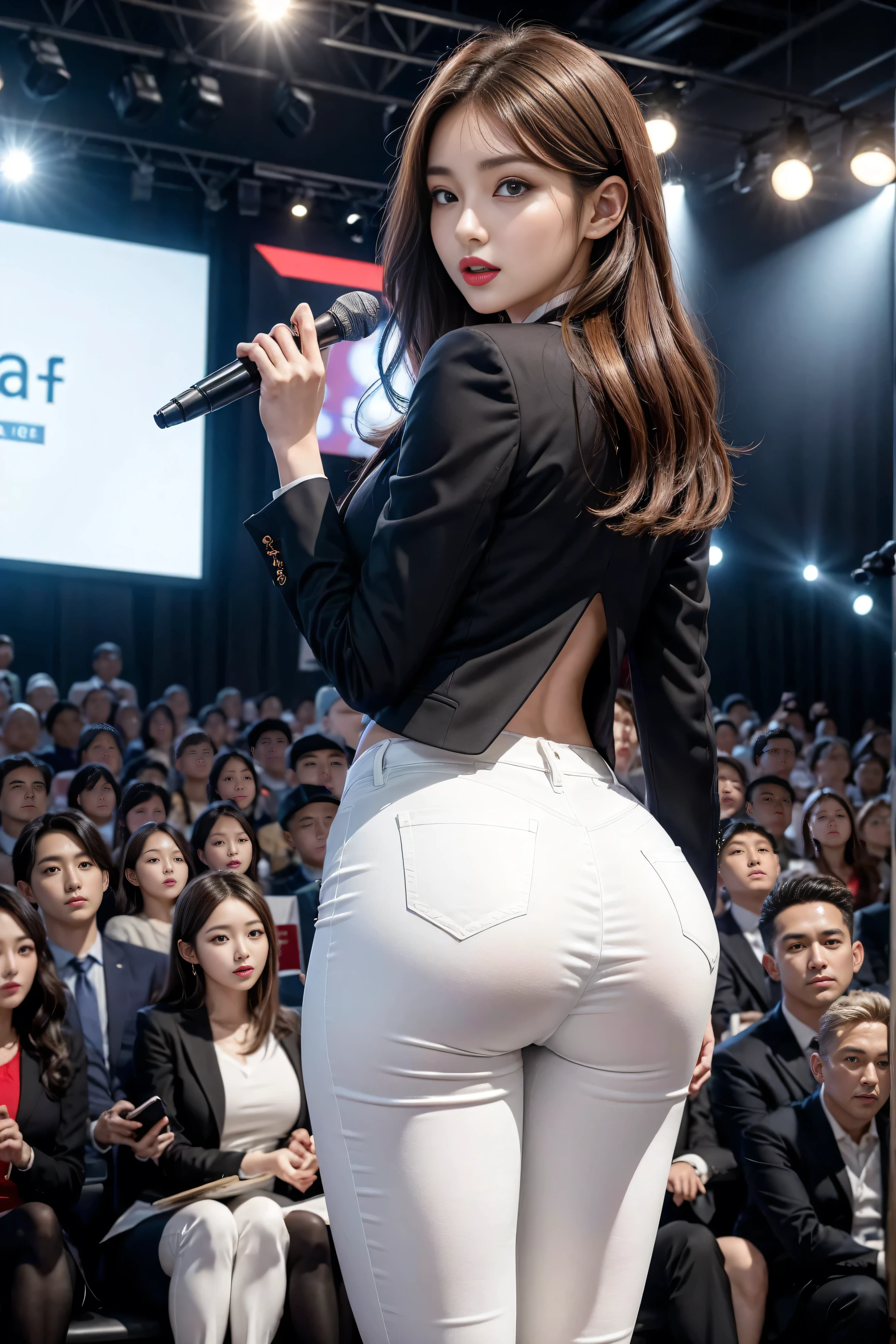 (8K,best quality,masterpiece,Practical,Very detailed:1.3),(2 girls,Beautiful Korean girl, Korean Idol),(Black Blazer:1.2),(White leggings:1.1),(Serious expression:1.2)discuss,(speech,Handheld microphone:1.2)(crowd,audience:1.3),Sexy long legs, (Thigh gap:1.5),Wide hips,S-Shaped Body, Hip lift,Brown curly hair,(Ass Focus:1.1)Shot from behind