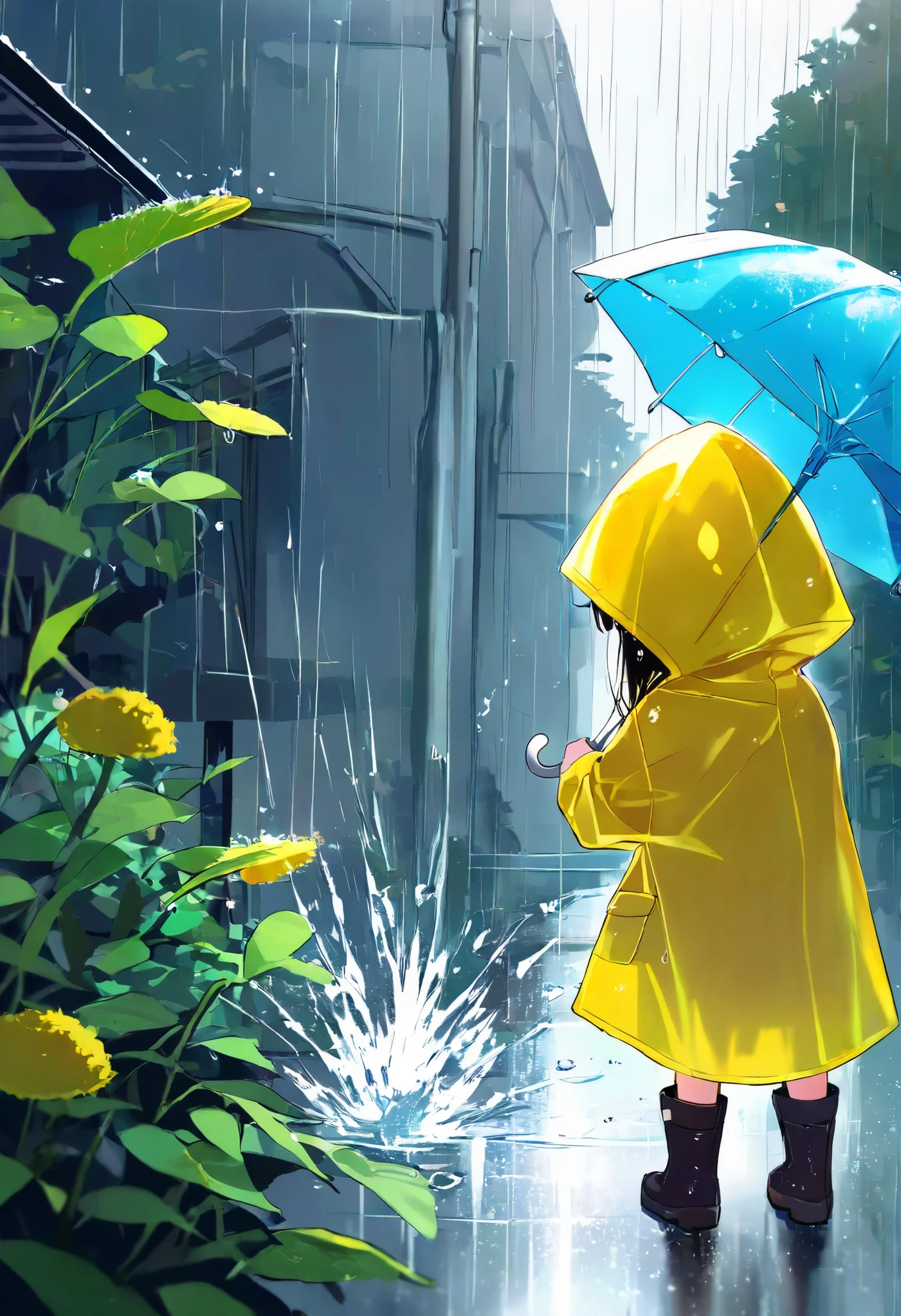 ultra detailed, absolutely resolution, masterpiece.
Rain falling, water splashing, plants sprouting, girls frolicking with umbrellas, boots and raincoats,