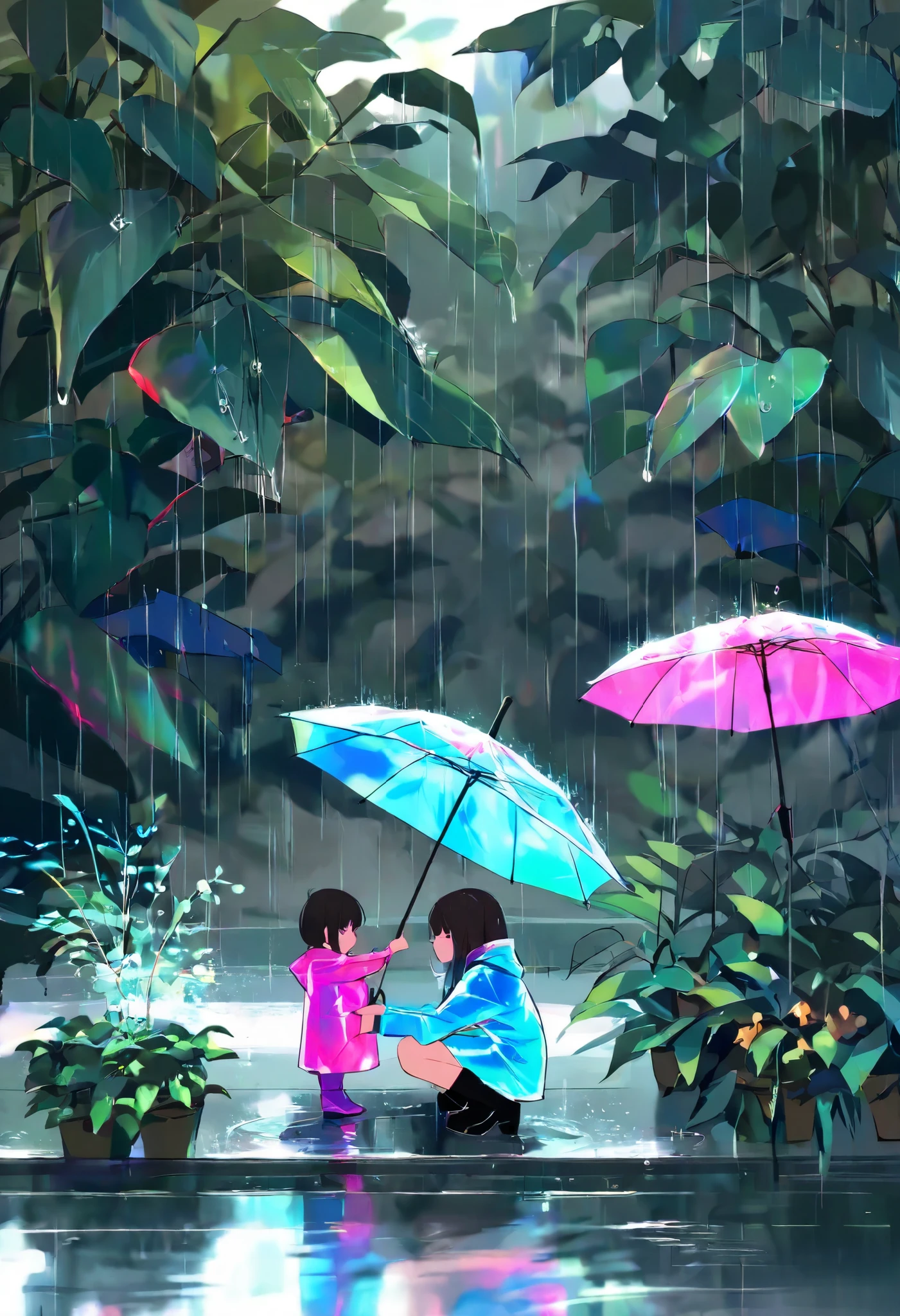 ultra detailed, absolutely resolution, masterpiece.
Rain falling, water splashing, plants sprouting, girls frolicking with umbrellas, boots and raincoats.
iridescent foggy effects, conceptual installation art
