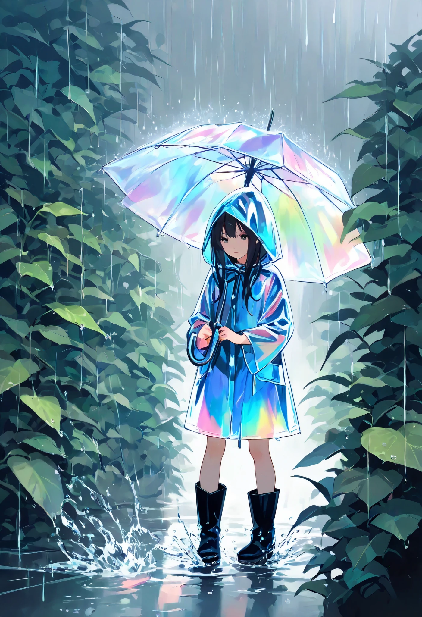 ultra detailed, absolutely resolution, masterpiece.
Rain falling, water splashing, plants sprouting, girls frolicking with umbrellas, boots and raincoats.
iridescent foggy effects, conceptual installation art