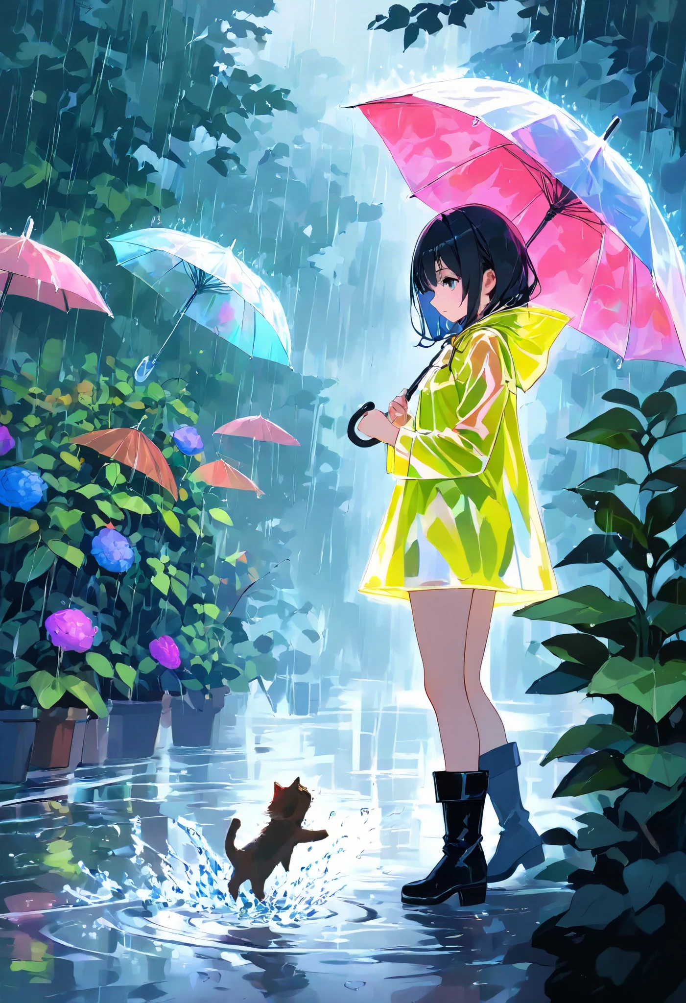 ultra detailed, absolutely resolution, masterpiece.
Rain falling, water splashing, plants sprouting, girls frolicking with umbrellas, boots and raincoats.
iridescent foggy effects, conceptual installation art