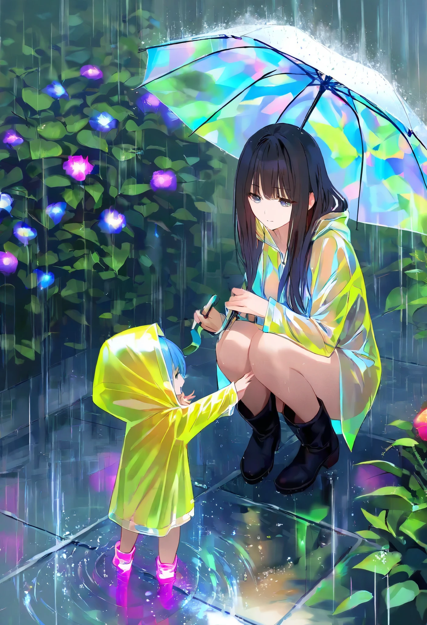 ultra detailed, absolutely resolution, masterpiece.
Rain falling, water splashing, plants sprouting, girls frolicking with umbrellas, boots and raincoats.
iridescent foggy effects, conceptual installation art