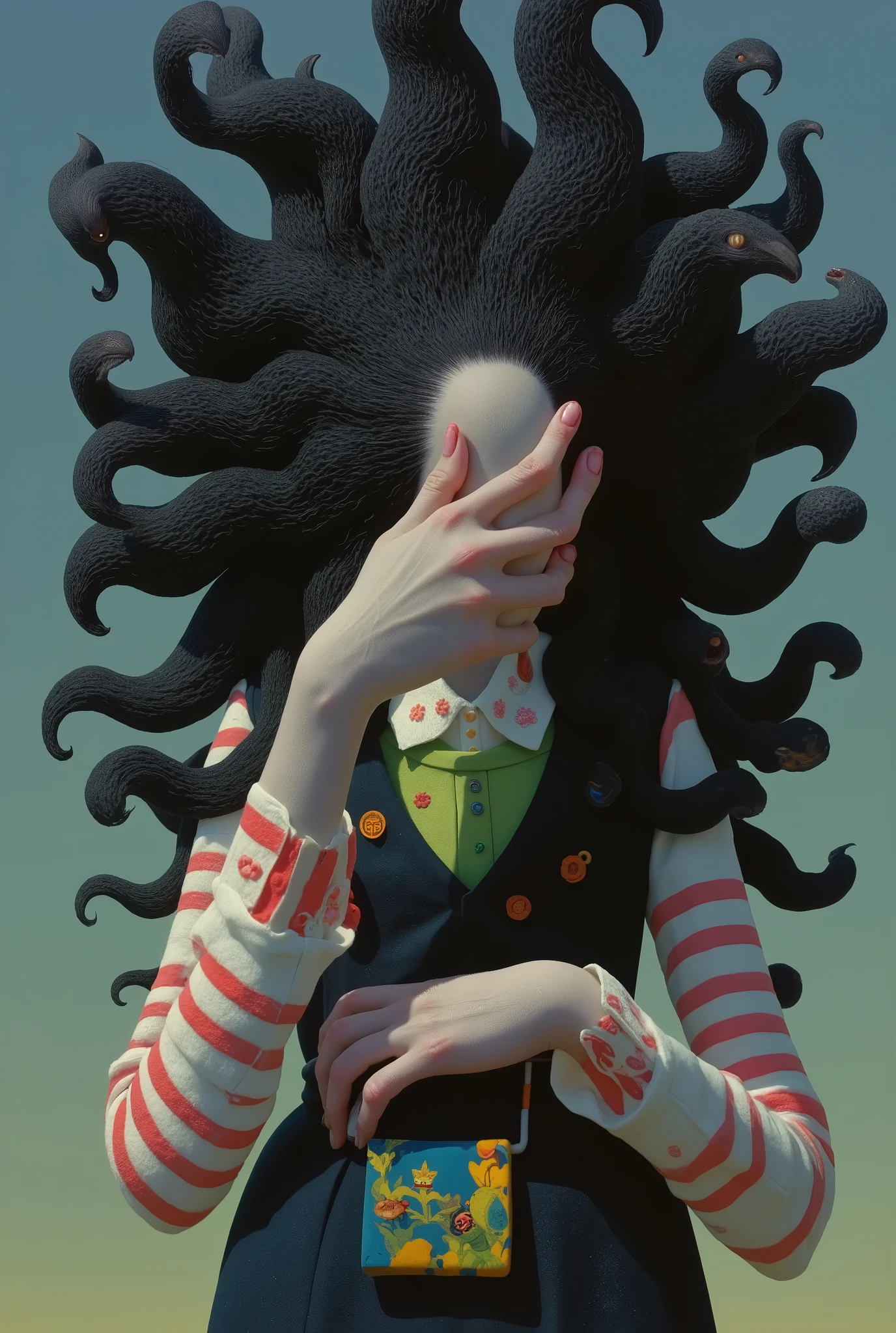 Crazy footage of a woman with a bunch of hair, Works by Mei Yixiong, Inspired by William Stout , spaghetti hair, Hair like dark clouds, author: Koide , author:Nobutada Yanagawa, Junji is 4k, swirling black hair, pop surrealist art style, Moody :: Studio Ghibli