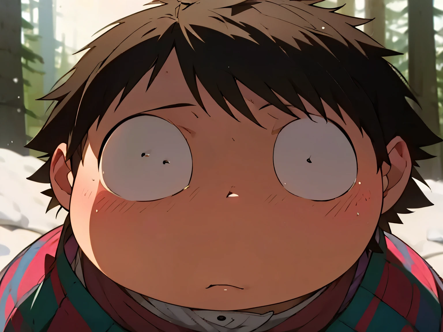 an image of Haruyuki Arita, high, gordo, Like an Akimichi (Clan), anime style, Forest snow, brown hair, black eyes, fun, ((Lumberjack Yukata))