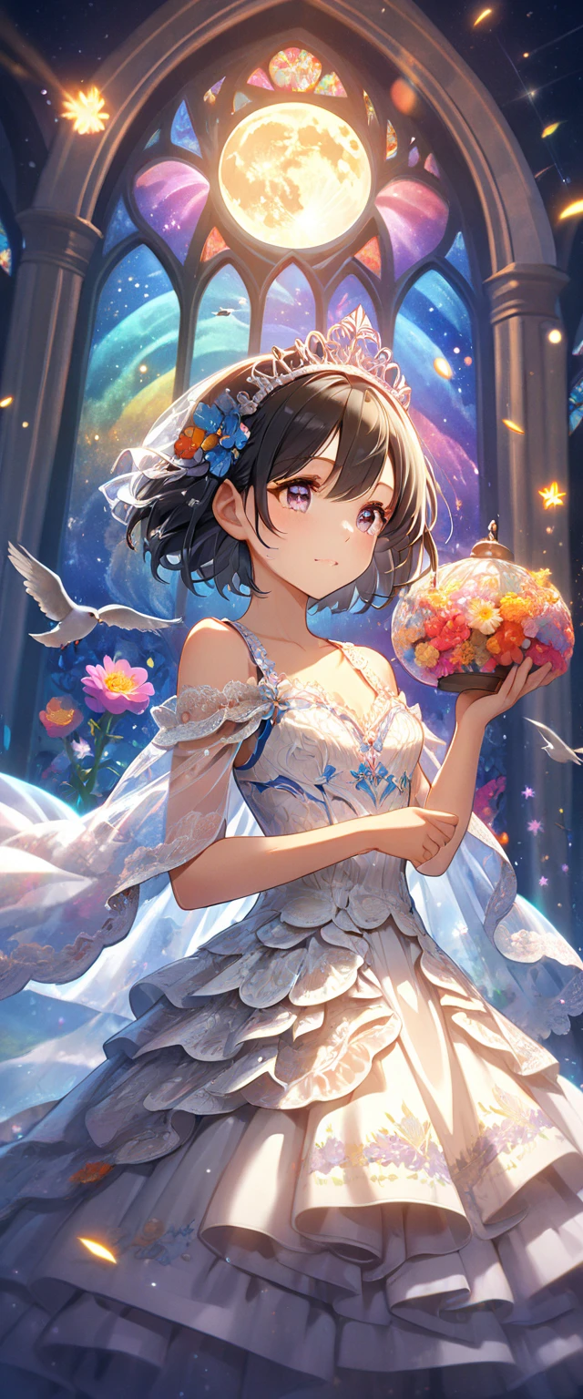 ((masterpiece)), (best quality), ((highres)), original, extremely detailed 8K wallpaper, castle town, 1girl, short blue hair, medium breasts, lightly glowing cyan eyes, small smile, light dress, holding a basket filled with blue roses