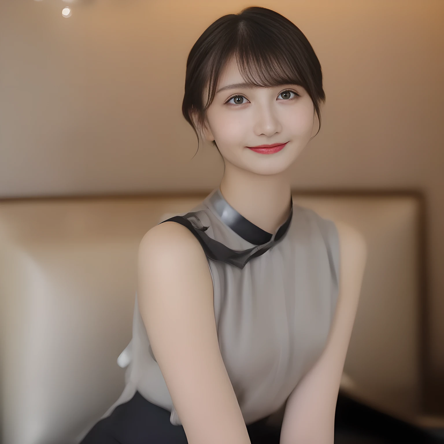 (highest quality, masterpiece, high resolution:1.2), 4K, (Photo quality clearly detailed foreground: 1.8), geometry, (Some neat & clean (too beautiful) ladies (in a gorgeous hotel room). (Small ((well-groomed face)) with feminine intelligence). Some of Cute noble girly Japanese photo model are seated and looking at the viewer with her too beautiful eyes like laughing fashion model: 1.3), (Using expensive face-whitening cosmetics to make her skin more beautiful and pure by professional makeup artist: 1.5), (Face and eyes are especially detailed beautifully: 1.5), Laughing cutely, (Expensive neat feminine ribbon blouse with (large white ribbon), puffed shoulders, expensive skirt: 1.2), (Beautiful light-amber large clear open eyes with balanced and detailed cutely: 1.4), (double eyelids: 1.0), (Glossy lips: 1.0), (beautiful shining black short hair: 1.7), (expensive ear accessories: 1.3), (white and clear skin: 1.0), (Laughing cute princess's eyes looking at me: 0.8), (Very shy, cute, slender, pretty, pretty, too girly & Girlish: National Beautiful Girl Grand Prix winners: 2.0), (Expensive, Apparel semi-formal fashion promotion for high-class ladies: 1.6)