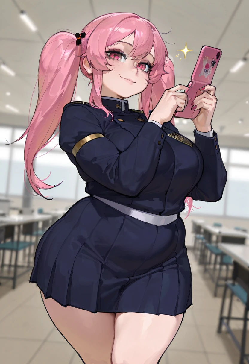 masterpiece, best quality, amazing quality, very aesthetic, absurdres, newest, 1girl, ((wide hips)), Pink hair, hair pins, ((long hair, twintails)), ((Jujutsu sorcerer uniform)), navy blue skirt, short skirt, (jacket long sleeves), navy blue clothes, cleanly drawn eyes, pink eyes, solo, looking at viewer, dynamic angle, dynamic pose, cute, casual, happy, smiling, cafeteria background, (mature), holding pink flip phone, tall dommy mommy, chubby, gyaru makeup