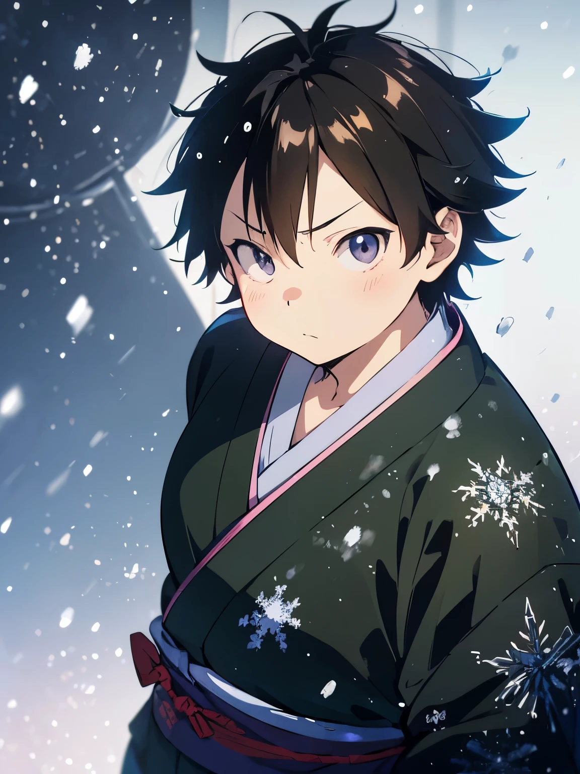 a painting portrait of boy wearing ((black kimono)) in manhwa style, [Haruyuki Arita] is a  boy from [Accel World] that has brown short hair in spiky hair style and ((black eyes)), close angle, overweight!! ager, winter atmosphere, high definition, masterpiece, best quality, high detail, grain filter, mamoru hosoda, nagatoro, OBESE ), Totorrl, tanaka suguru, anime hi-fructose, anime”, overweight!! ager, ( ( ( yoshinari yoh ) ) ), anime cel shaded, a-1 photos, muscular!!, , todler, ((lumberjack outfit)), ((work of art)), ((high resolution)), ((best qualityer)), extremely thin and beautiful, super fine illustration, (realisic skin), (olhos de anime incredibily detaileds), face detailed, vivid and beautiful, Shocking sensation, incredibily detailed, detailed chubby boy, from front view, facing at viewer, perfil, perfect shadow, realistic shadowed lighting, (shorth hair), ((snowing forest))
