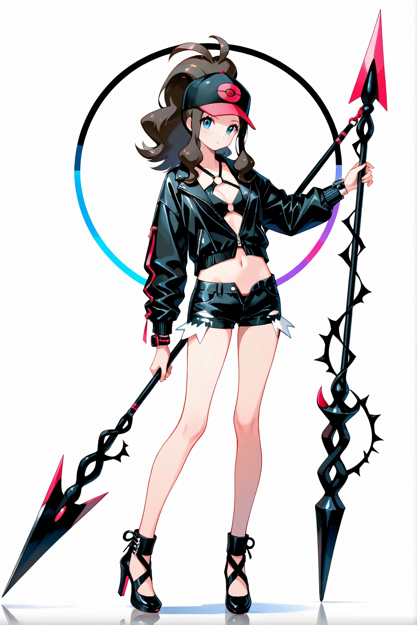 bailing_darkness
,a girl made of black smoke
(weapon, spear, holding weapon,, white background, stands,whole body,heels, front view,Standing picture:1.7),HoleHeels,oval/Circle/Thorn/Horn Heels,,limited color palette,Colorful, vivid colors ,black light ,watch, masterpiece, Very beautiful,Hilda ( Pokémon)、 ponytail , hat、, ruanyi1048 ,black shorts,long sleeves,o-ring,Well good,rope,jacket,unzipped,navel,BDSM