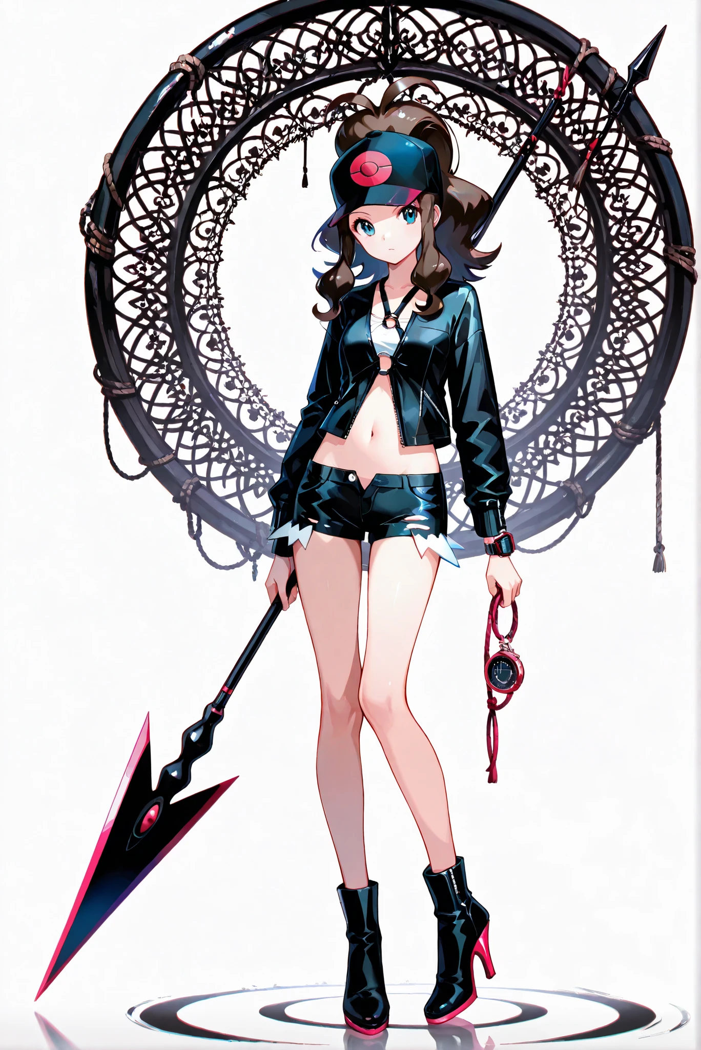 bailing_darkness
,a girl made of black smoke
(weapon, spear, holding weapon,, white background, stands,whole body,heels, front view,Standing picture:1.7),HoleHeels,oval/Circle/Thorn/Horn Heels,,limited color palette,Colorful, vivid colors ,black light ,watch, masterpiece, Very beautiful,Hilda ( Pokémon)、 ponytail , hat、, ruanyi1048 ,black shorts,long sleeves,o-ring,Well good,rope,jacket,unzipped,navel,BDSM