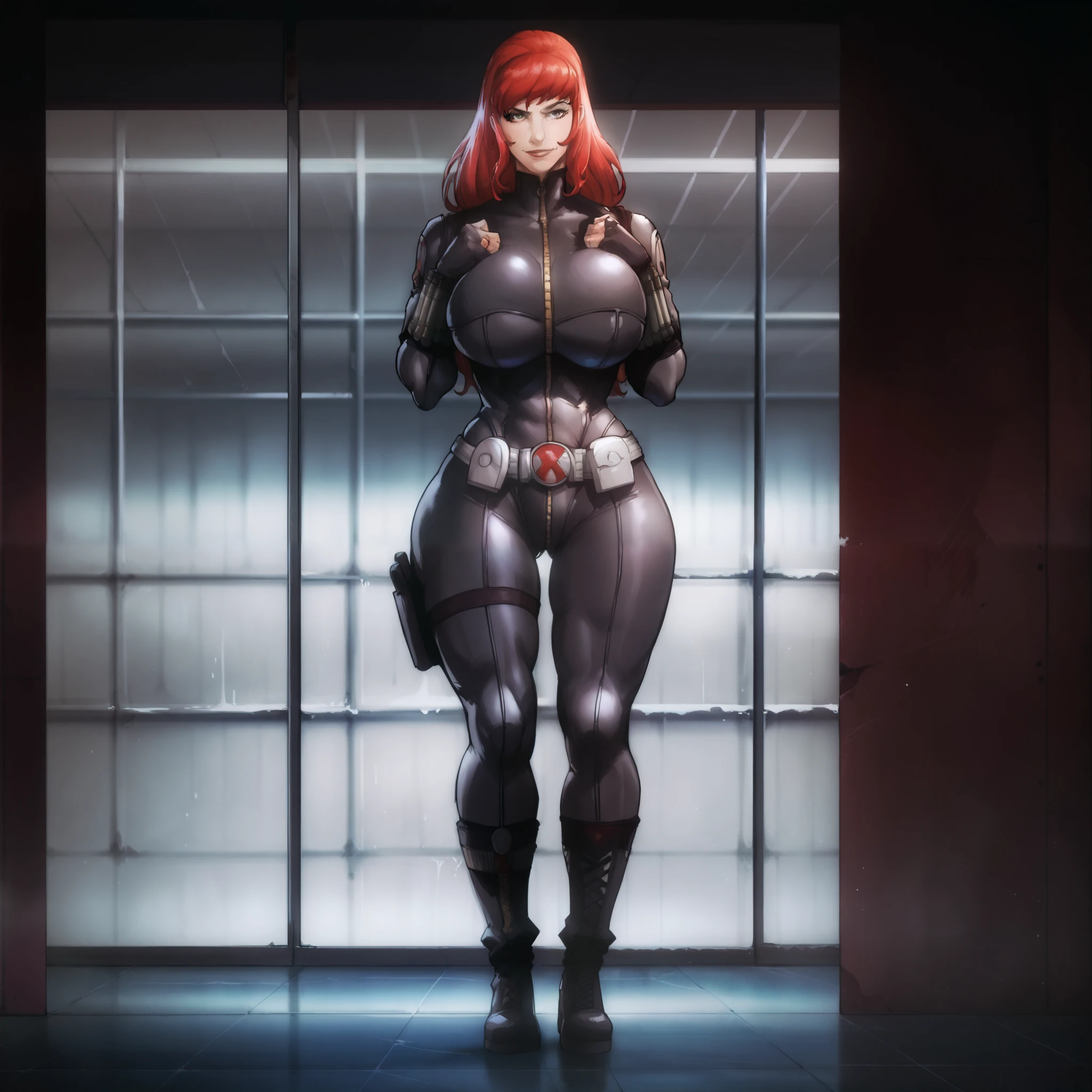 score_9, score_8_up, score_7_up, score_6_up, score_5_up, score_4_up, BREAK,1girl, BlackWidowAnime, black bodysuit, red hair, long hair, black fingerless gloves, holster, makeup, zipper, uniform, ((huge breasts, huge butt, thick thighs, curvy hips)), full body view, front view of body, highly detailed, masterpiece, standing, cool smirk, inside military base hangar, red walls, black floor, military jeeps tanks & jets in background,