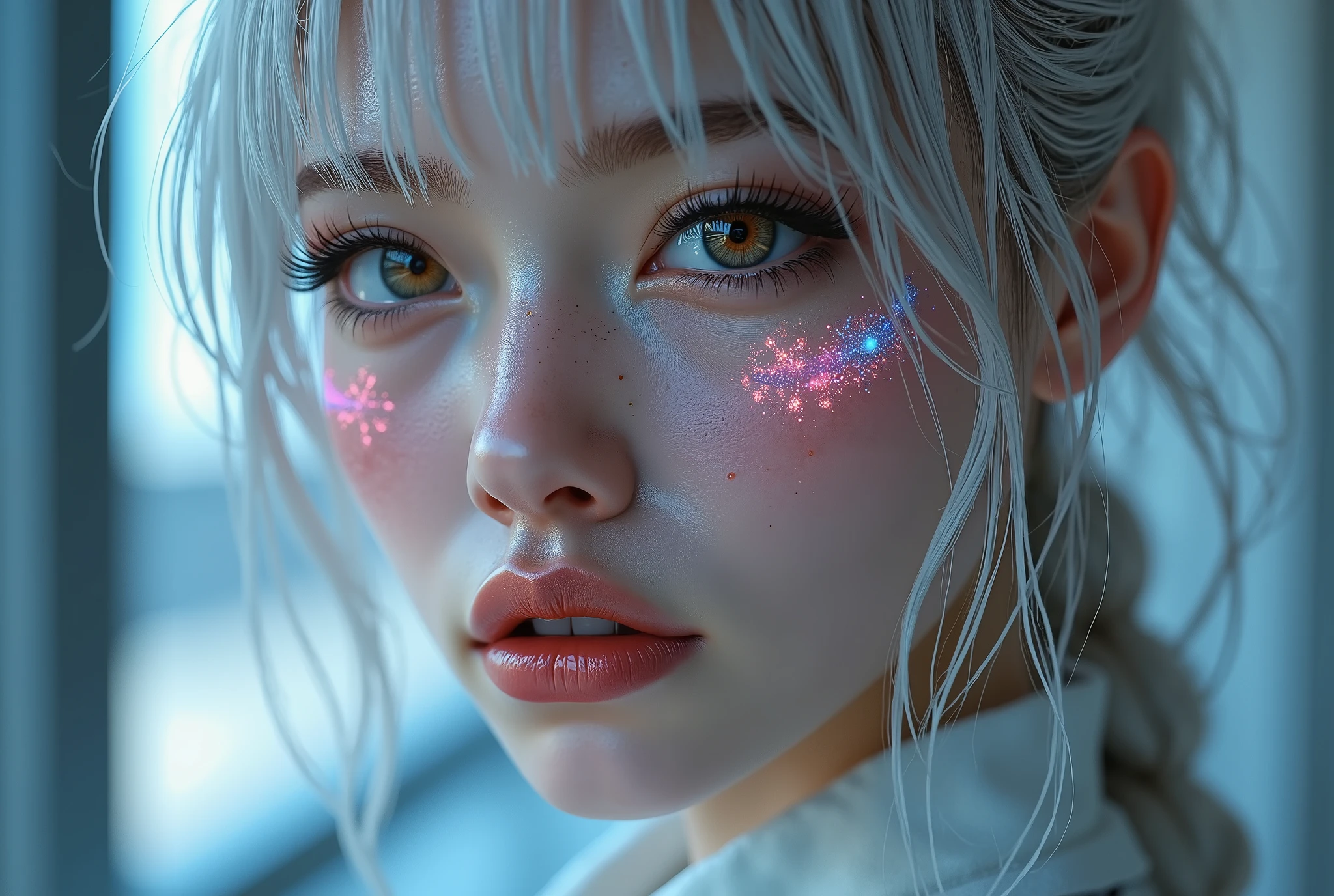  [Style: "Photorealistic, cinematic, cyberpunk"](Key Directive: "Ultra-sharp human eyes with biological accuracy"){ Character: "20-year-old Caucasian woman" | Face: - "symmetrical pale skin (subsurface scattering:1.3), full lips (vertical lip wrinkles:0.7)" - "Eyes: (acid-resistant terminology) (macro-details:1.5): Moist corneal surface (visible aqueous layer:1.0) Hyper-detailed iris stroma (((brown)) with gold flecks) Precise limbal ring (slightly darker pigmentation:1.21) Pupil micro-texture (irregular edge authenticity:1.4) * Vasculature in sclera (subtle red veins radiating from limbus)" - "Lashes: blue individual synthetic fibers (crosshatched roots:1.2, clump-free separation)" | Hair: "white braid with split-end realism (neon light diffraction patterns)" | Pose: "combat-ready stance (biomechanically plausible spinal twist)" Technical Specs: (Optics: - "Zeiss Otus85mm f/1.4 lens)" - "Shutter Speed:1/500 (freeze eye micro-movements)" - "Focus Stacking:7-point coverage on iris plane") (Post-Processing: - "Frequency separation for skin vs eye details" - "Selective sharpening: ((eyes200%, hair80%")) - "Denoise: luminance 20, color 35 (retain corneal specular)") (Avoid: "pupil distortion, uncanny valley asymmetry, plastic-like wetness") Attire: [Top: "white leather crop top (wrinkled texture, sweat sheen:0.6)"] (Post-Processing: "motion blur on swinging braid, chromatic aberration:0.5") (Render Engine: "Unreal Engine 5 path tracing, 16K texture maps") }