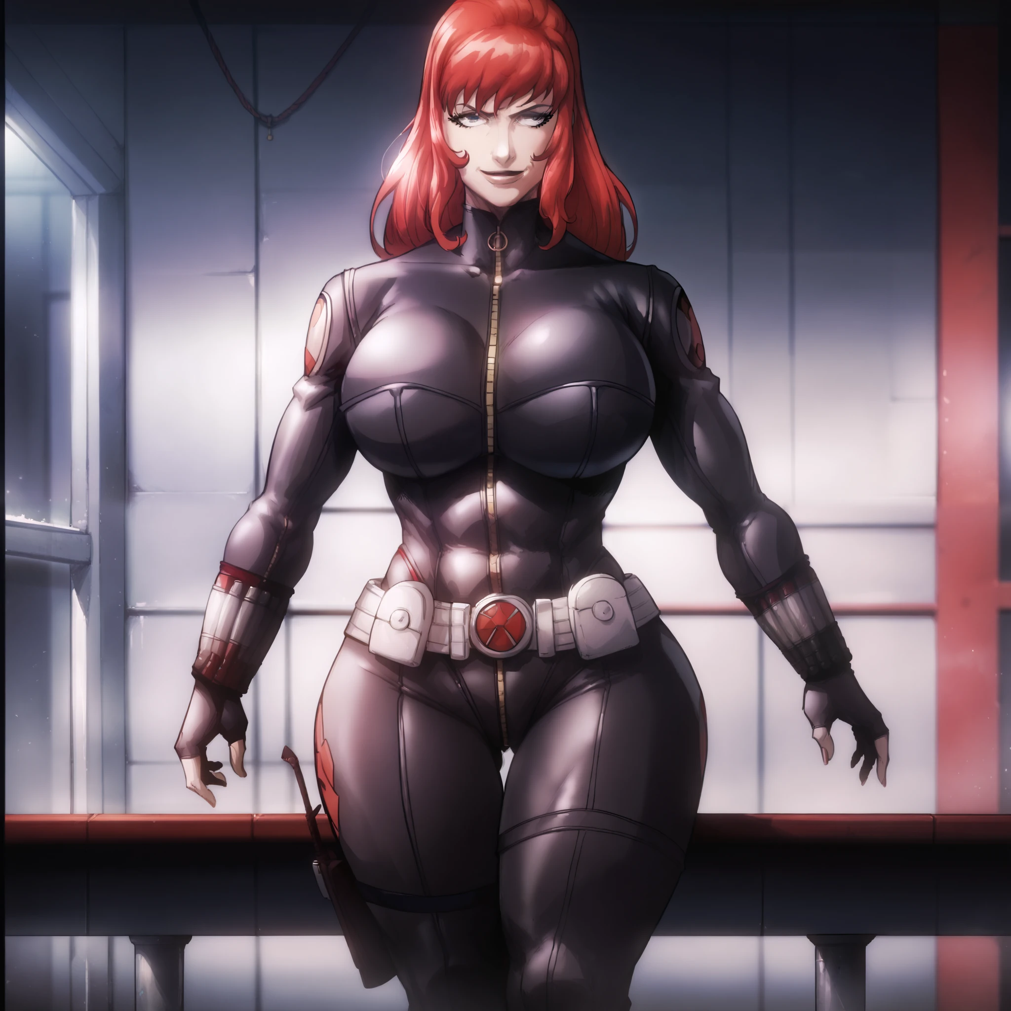 score_9, score_8_up, score_7_up, score_6_up, score_5_up, score_4_up, BREAK,1girl, BlackWidowAnime, black bodysuit, red hair, long hair, black fingerless gloves, holster, makeup, zipper, uniform, ((huge breasts, huge butt, thick thighs, curvy hips)), full body view, front view of body, highly detailed, masterpiece, standing, cool smirk, inside military base hangar, red walls, black floor, military jeeps tanks & jets in background,