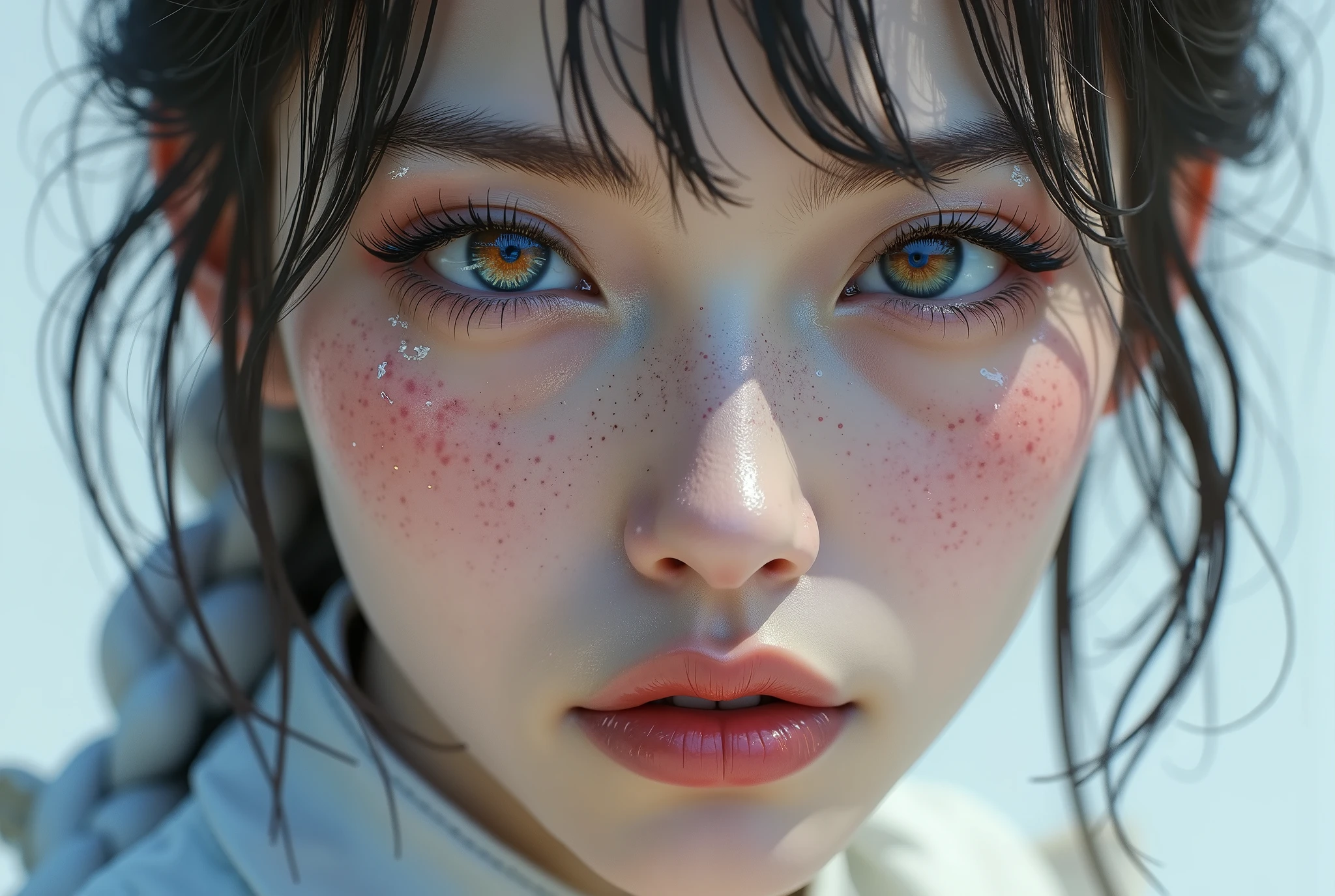  [Style: "Photorealistic, cinematic, cyberpunk"](Key Directive: "Ultra-sharp human eyes with biological accuracy"){ Character: "20-year-old Caucasian woman" | Face: - "symmetrical pale skin (subsurface scattering:1.3), full lips (vertical lip wrinkles:0.7)" - "Eyes: (acid-resistant terminology) (macro-details:1.5): Moist corneal surface (visible aqueous layer:1.0) Hyper-detailed iris stroma (((brown)) with gold flecks) Precise limbal ring (slightly darker pigmentation:1.21) Pupil micro-texture (irregular edge authenticity:1.4) * Vasculature in sclera (subtle red veins radiating from limbus)" - "Lashes: blue individual synthetic fibers (crosshatched roots:1.2, clump-free separation)" | Hair: "white braid with split-end realism (neon light diffraction patterns)" | Pose: "combat-ready stance (biomechanically plausible spinal twist)" Technical Specs: (Optics: - "Zeiss Otus85mm f/1.4 lens)" - "Shutter Speed:1/500 (freeze eye micro-movements)" - "Focus Stacking:7-point coverage on iris plane") (Post-Processing: - "Frequency separation for skin vs eye details" - "Selective sharpening: ((eyes200%, hair80%")) - "Denoise: luminance 20, color 35 (retain corneal specular)") (Avoid: "pupil distortion, uncanny valley asymmetry, plastic-like wetness") Attire: [Top: "white leather crop top (wrinkled texture, sweat sheen:0.6)"] (Post-Processing: "motion blur on swinging braid, chromatic aberration:0.5") (Render Engine: "Unreal Engine 5 path tracing, 16K texture maps") }