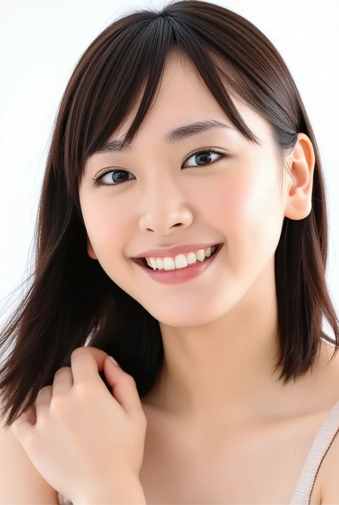Japanese ),((beautiful girl)),cleavage,An expression that imagines something pleasant:1.2,(perfect body beauty:1.2),((perfect body)),(shy smile),beautiful teeth,