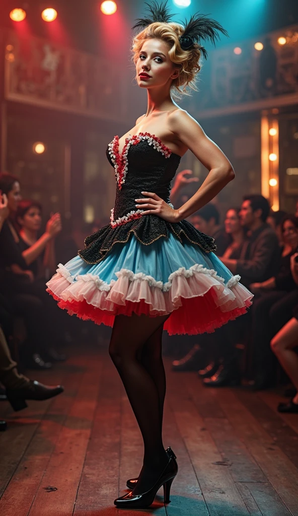 masterpiece, reality, 4k, (medium full shot) of (dazzling French cancan dancer) young woman, brazilian, tan skin, jade green eyes, slim build, medium blonde shag cut hair, wearing a purple lace cancan dress, fishnet stockings, lace-up shoes, bold red lipstick, statement ring, ruffled choker, set in a historic theater, with ornate decorations, a large stage, and an excited audienceduring night, woman smiling