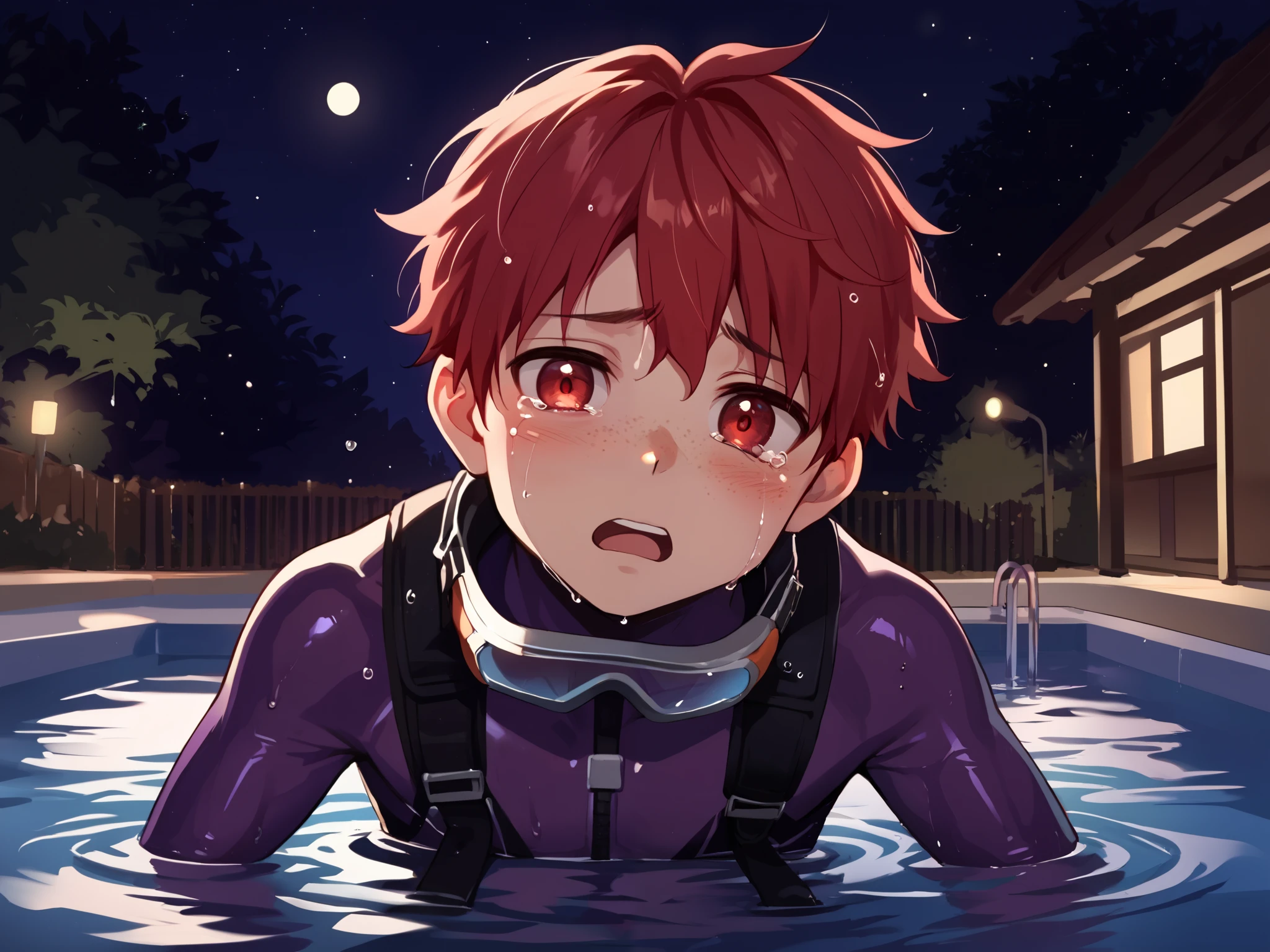 score_9_up, score_8_up, score_7_up, 1boy, solo, source_anime, , , young boy BREAK
Red hair, red eyes, freckles BREAK
Divesuit, purple bodysuit, scuba gear, goggles BREAK
Open mouth, outdoors, blush, looking at viewer, sad face, tears, wading, cowboy shot, (soaked, wet), resort pool, (Night sky, night) BREAK