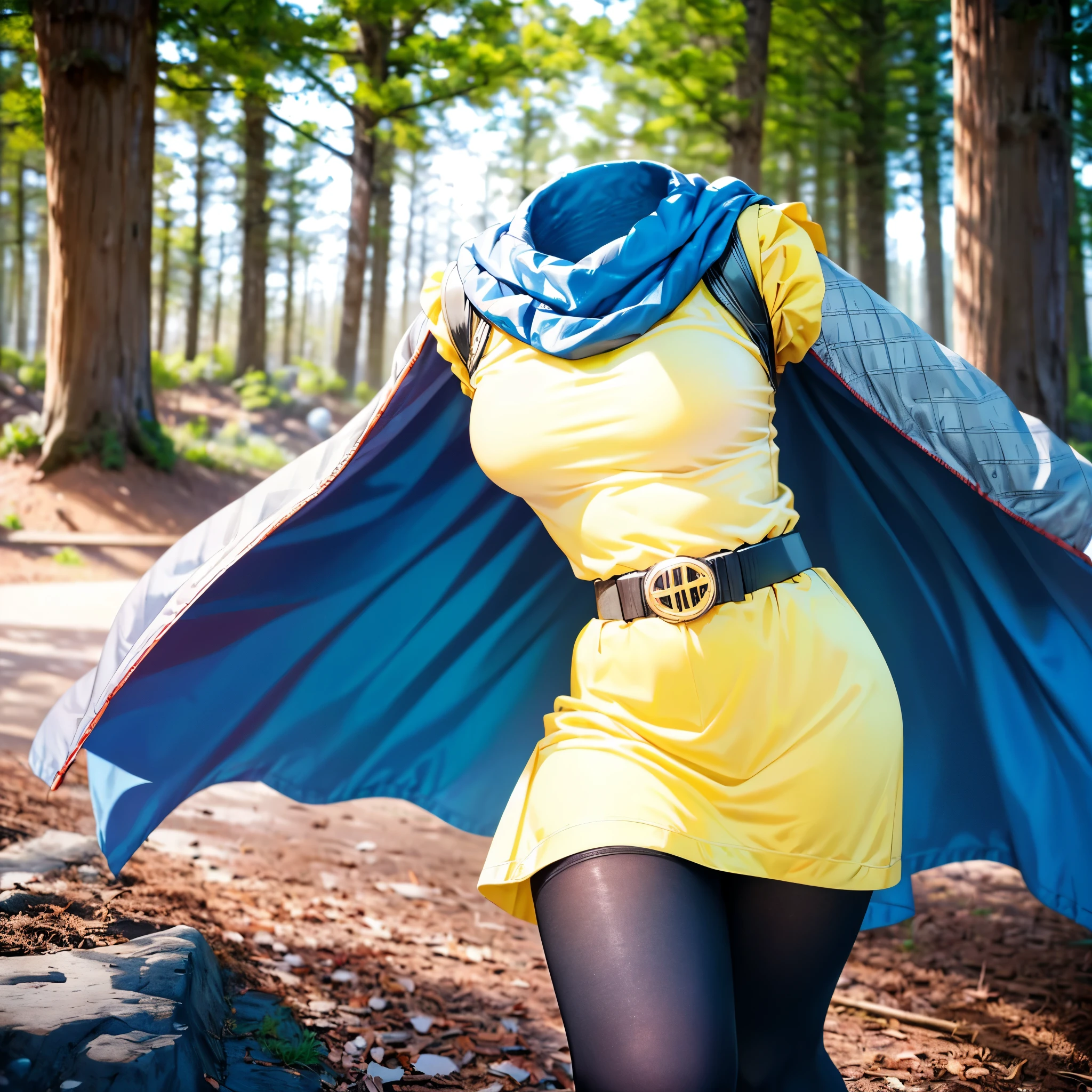 (8k, RAW photo, best quality, masterpiece:1.2), (realistic, photo-realistic:1.37), photon mapping, radiosity, ((Hasselblad photography)), physically-based rendering, (invisible, no humans, headless, faceless:1.5), yellow dress, cape, pantyhose, gloves, belt, black pantyhose,blue cape,boots,sleeveless,yellow dress,yellow skirt, dq4-alena, (close-up shot of breast), in forest, long sleeve, fat, chubby