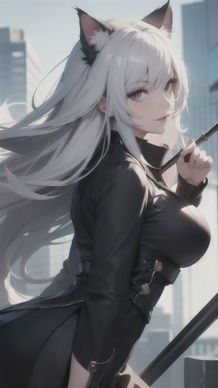 (1girl in:1.3), (Photorealistic:1.4), (masutepiece, of the highest quality, Best Quality, Official art), ighly detailed, highest details, (Ultra-detailed), ((extremely delicate and beautiful)), Cinematic Light, Contemporary, Silky long hair, (White hair), Dystopian background, in night, Black shirt, Skirt, Upper body, Smile, (viewer'Perspective:1.4), 23 years old