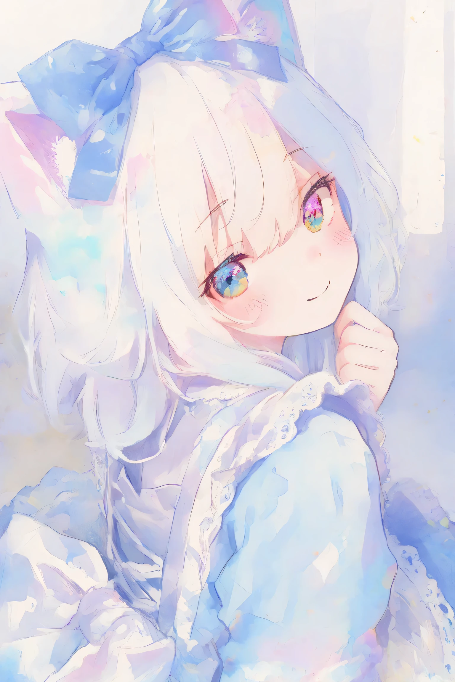 Chibi: 1.2, cute: 1.2, cute eyes: 1.2, gentle: 1.2. happy, smiling, cat ears, ((masterpiece, detailed: 1.2)) (highest quality), (masterpiece: 1.2), (colorful: 0.9), (color scattering), (watercolor), sharp focus, high resolution, (anime style: 1.1), ((highest quality)), (super detailed), (beautiful), alone, wearing a white and blue lace dress, light blue eyes, white hair, with a big bow on the back, cute, blue ribbon on the head, masterpiece , best image quality, highest quality, Alice in Wonderland のコスチューム, colorful long いブロンドのhair, colorful eyes, perspective from top to bottom, (: 1.4) hands like hearts