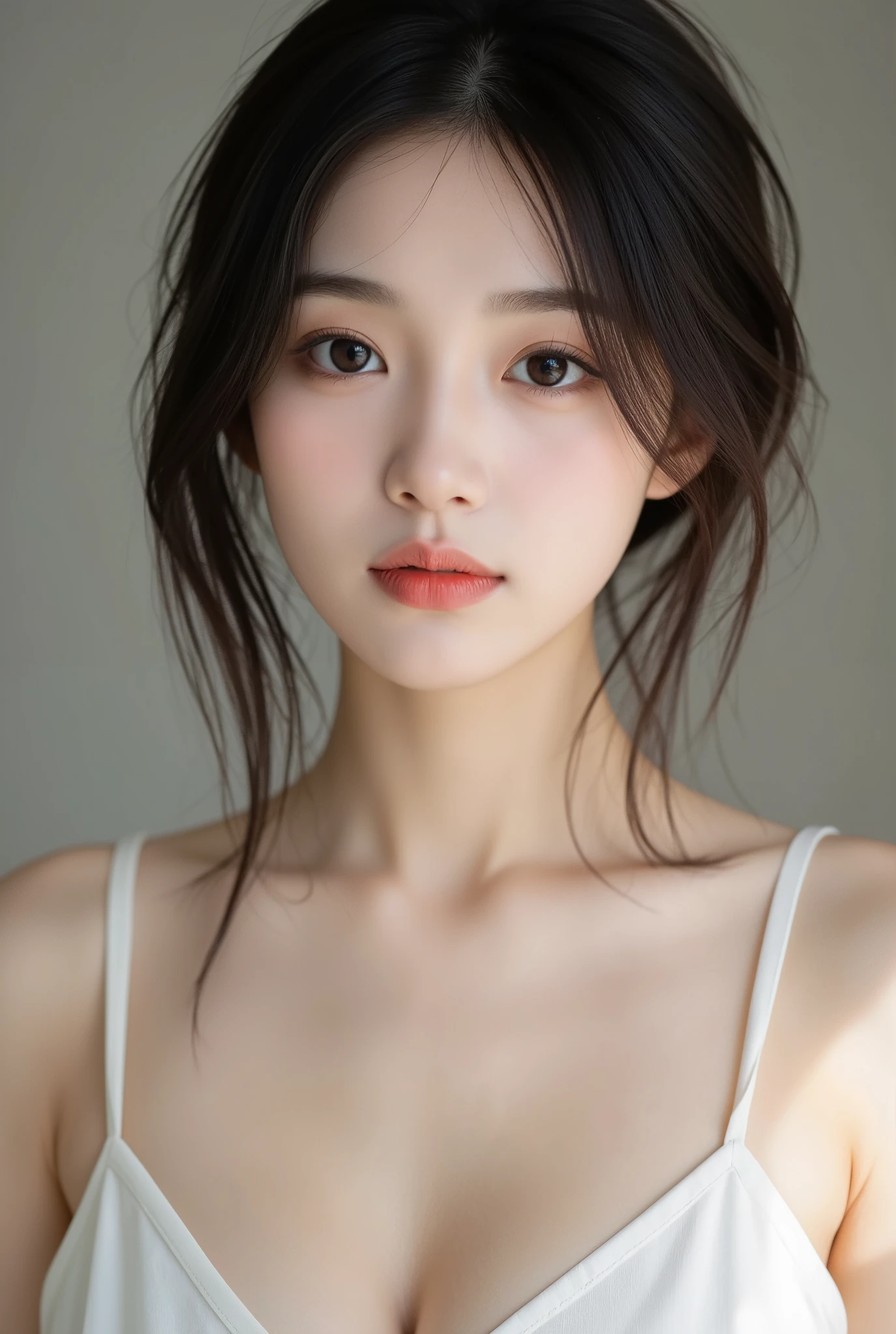 (realistic, photo-realistic:1.37),(8k, RAW photo, best quality, masterpiece:1.2),Generating the image of an attractive 20-year-old woman in front of desolate eyes, Architectural background dominated by white for full body portrait. Photos taken with a DSLR camera, Emphasize her big eyes, small mouth, and a straight nose, Giving her an almost doll-like look. pureerosface_v1:0.8 Short Hair,In the image, She leans her arm against the railing, Her gaze was directed into the distance, Away from Camera. The focus should be on capturing her profile, consequently、It is not necessary for her to be facing the camera. Check out her face, Hands, And the feet are finely detailed. Architectural background should be minimalistic and raw, In the white color scheme, Provides a striking contrast with female features. This image is、Intended to portray her with a sense of elegance and charm, Highlights the delicate details of her face, Hands, Overall presence in industrial environments. Korean actress、Park Gyu-young, female actress from korea, light milky white porcelain skin, smooth translucent white skin, shiny white skin, pale porcelain white skin, Beautiful body and face, wlop glossy skin, beautifull detailed face, Beautiful Asian Girl,Wearing a white dress。 young body,1０age , Asian, Asian Girl, 。 top-quality、​masterpiece、extremely delicate and beautiful、ighly detailed、8K wallpapers、astonishing、finely detail、huge filesize、ighly detailed、hight resolution、extremely detailed eye and face、 Stunning detailed eyes、Facial light、(The best illustrations:1.1)、超A high resolution、(Photorealsitic:1.1)、(Photorealistic 1.2:1.1)、Realistic facial proportions、Slimed、A smile、(Irregular irregular skin defects、vein、Wrinkled pores on the skin:1.2)、top quality photo, hight resolution, 1080p, (clearface), (Detailed face description), (Detailed hand description), (​masterpiece), 逼真, extreme light and shadows, dishevled hair, ​masterpiece, lush detail, (Fine facial features), (Highest Quality Photos), (​masterpiece), (finely eye), Look in front of you, Fine clavicle,Emphasis on the armpits