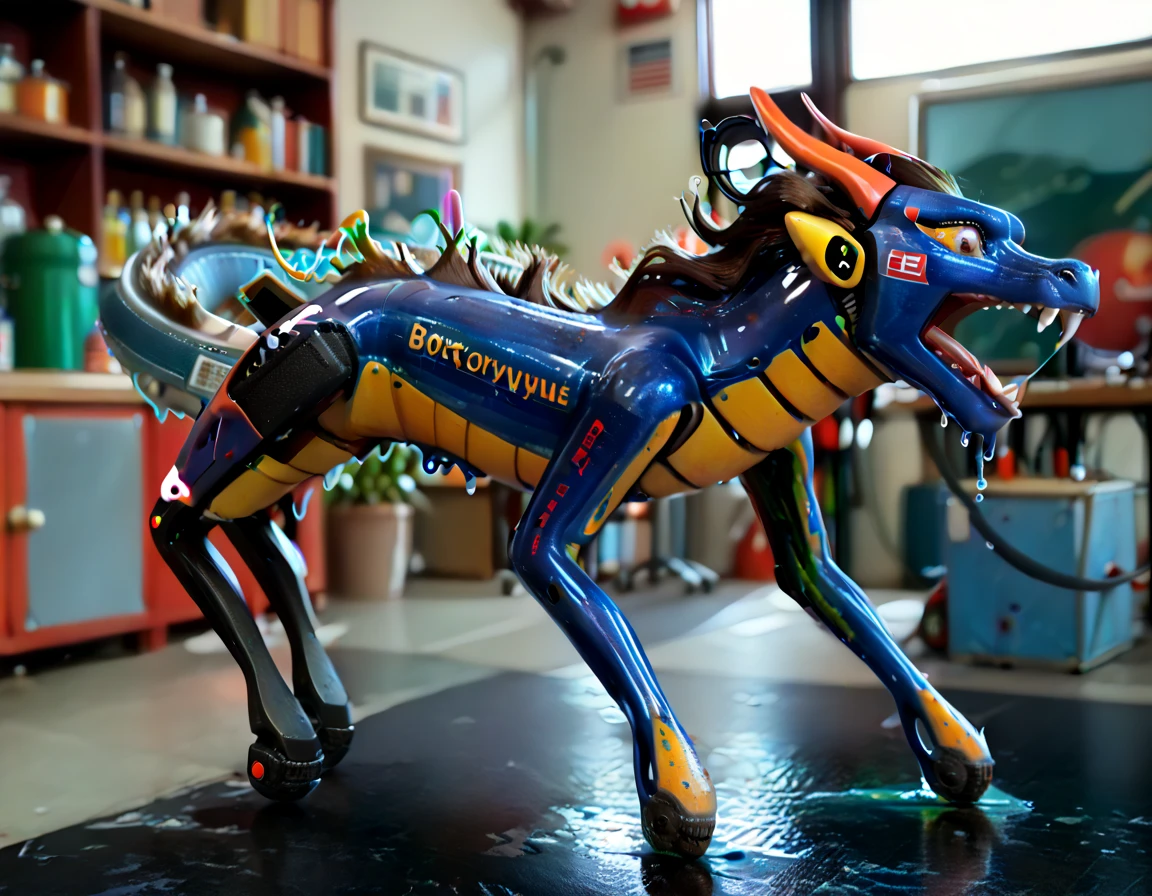 Ultra high resolution, best quality, masterpiece, extremely detailed raw photograph, (half transformation), male human shiny smooth polyvinyl feathered deinonychus velociraptor mount inflatable fursuit hybridization metamorphosis, in gymnasium pool at night, (half human), wearing riding saddle bridle and harness, (purple:1.9) (gray:1.5) (red:1.8) (spots:1.1) (stripes:1.1), ((liquid polyvinyl goo partial dripping encasement)), male human feathered velociraptor mount inflatable polyvinyl fursuit hybrid, front zipper, plastic handlebars, air valve nozzle