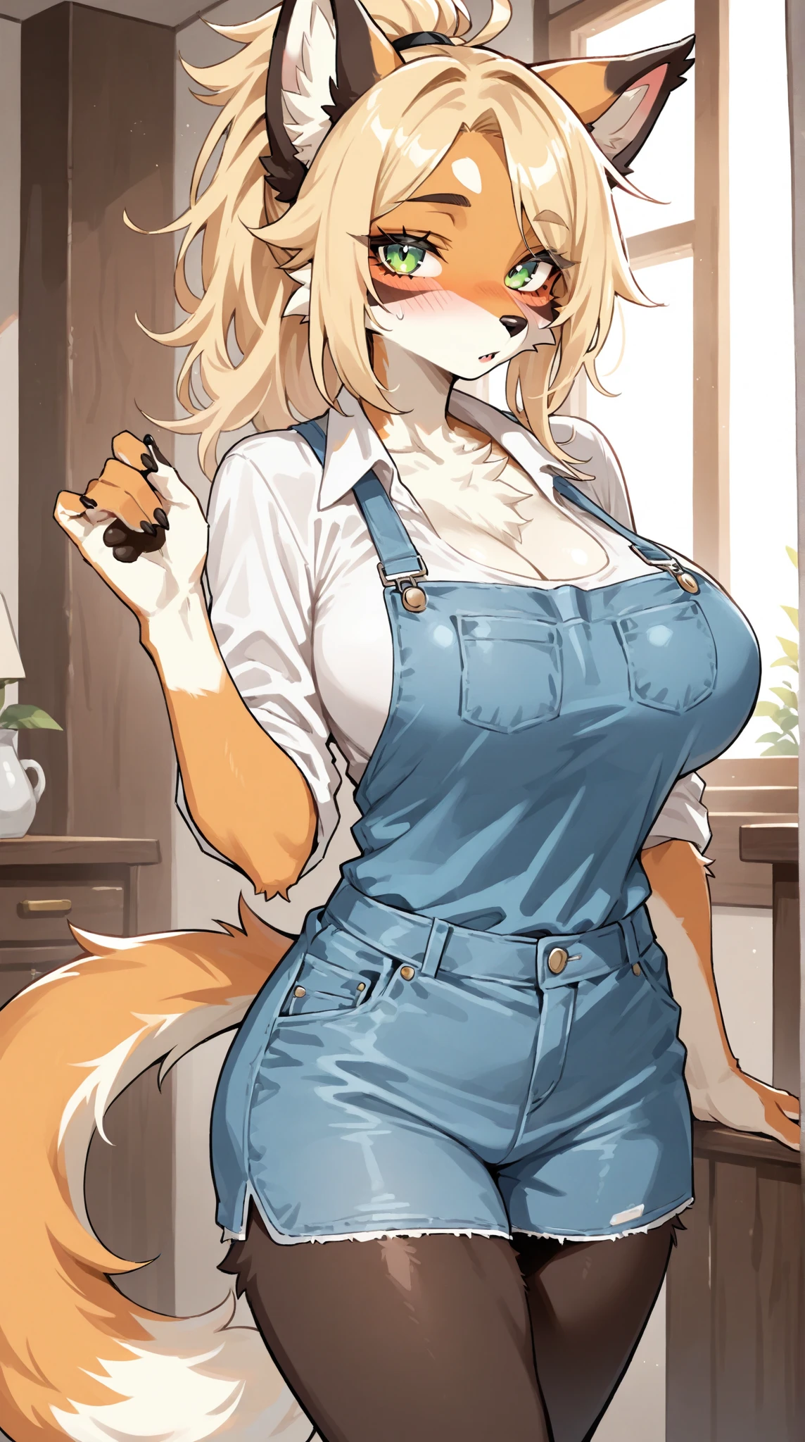 ((best quality)), ((masterpiece)), (detailed), 1girl, off-shoulder sweater, ((best quality)), ((masterpiece)), (detailed), Single woman, gender bent, DDD sized breasts, long shapely legs, fox girl, blue overalls, grease stains, confident smirk, single bent knee, leaning forward, one hand behind head, alluring pose, confident wink and grin, workshop environment, scattered tools, black collar, blue eyes, two fox tails, green leash leading from viewer to collar.